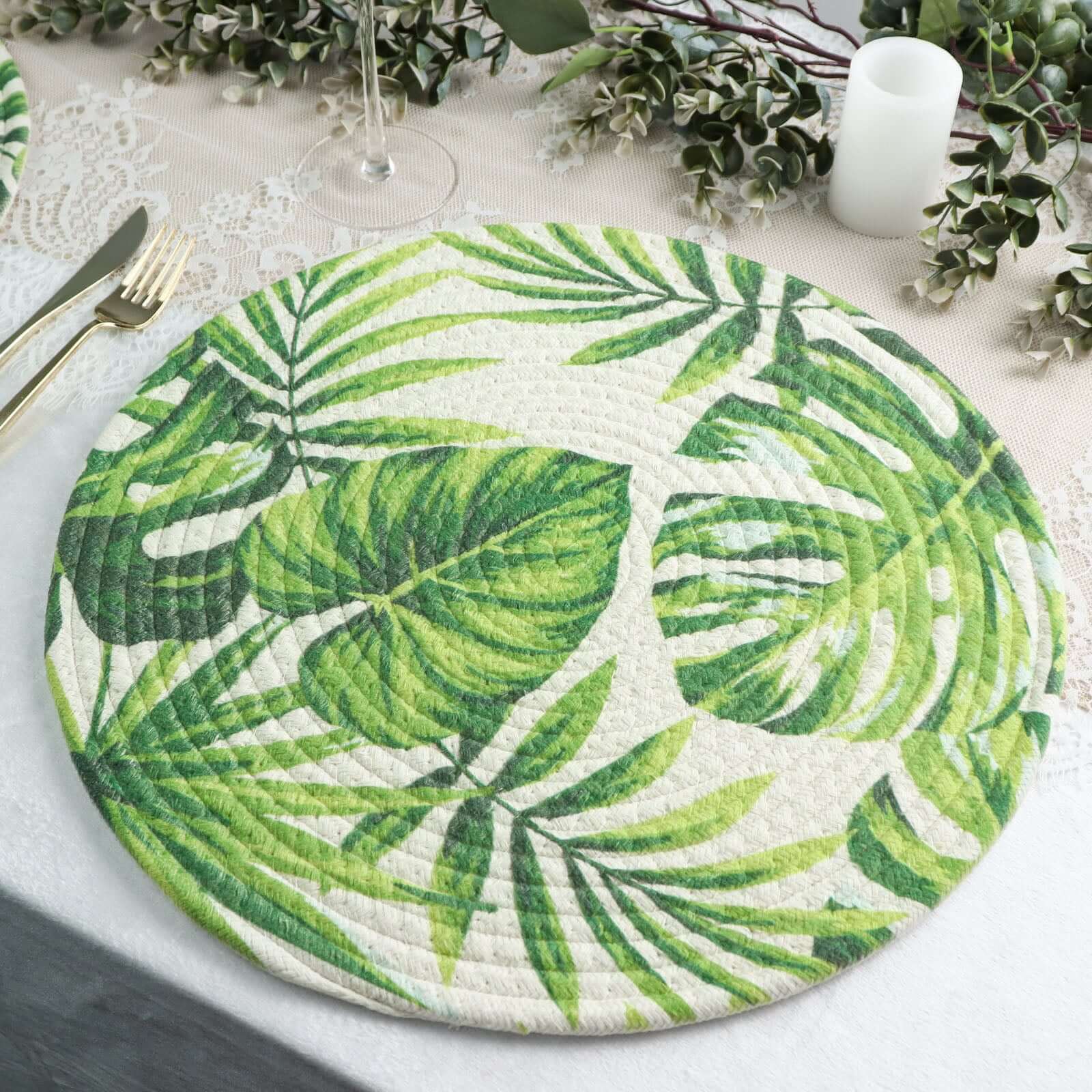 4-Pack Table Placemats Tropical Leaf Design Green Cotton Round - Woven Indoor/Outdoor Dining Mats 15