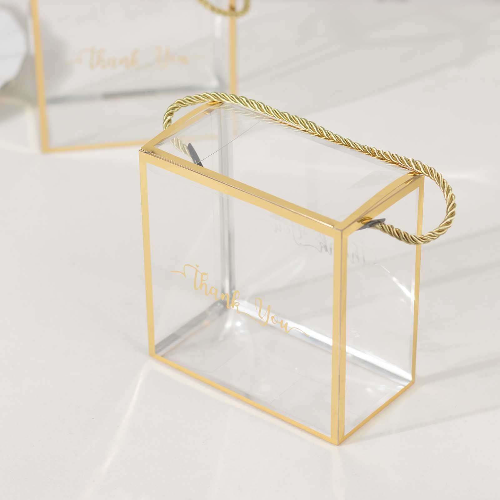 25 Pack Gold Trimmed Clear PVC Gift Boxes with Rope Handles and Thank You Print, Transparent Portable Candy Favor Boxes - 5.5x5.5