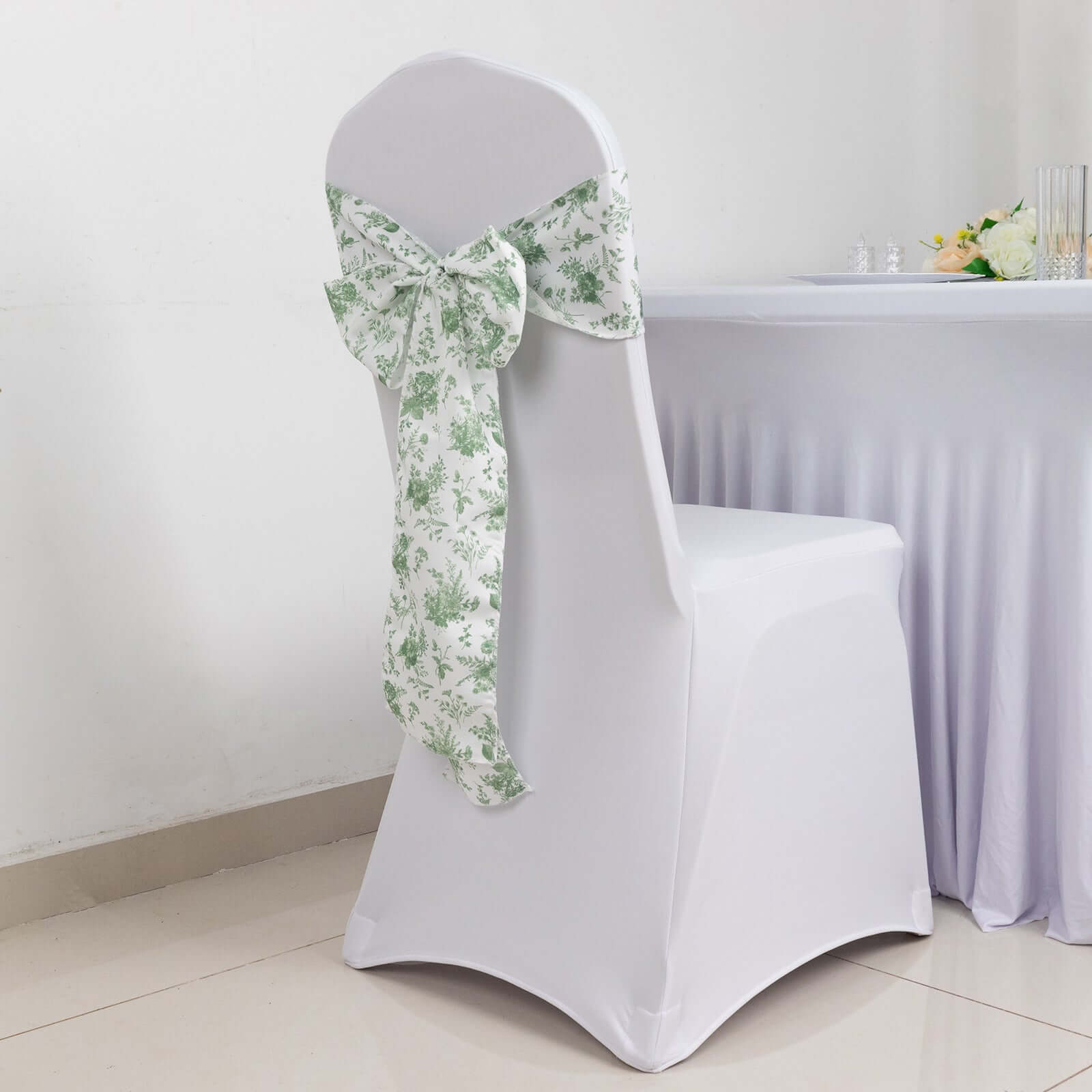 5 Pack Polyester Chair Sashes Dusty Sage Green French Toile Floral Design - Stylish Durable and Reusable Chair Bows 6x108