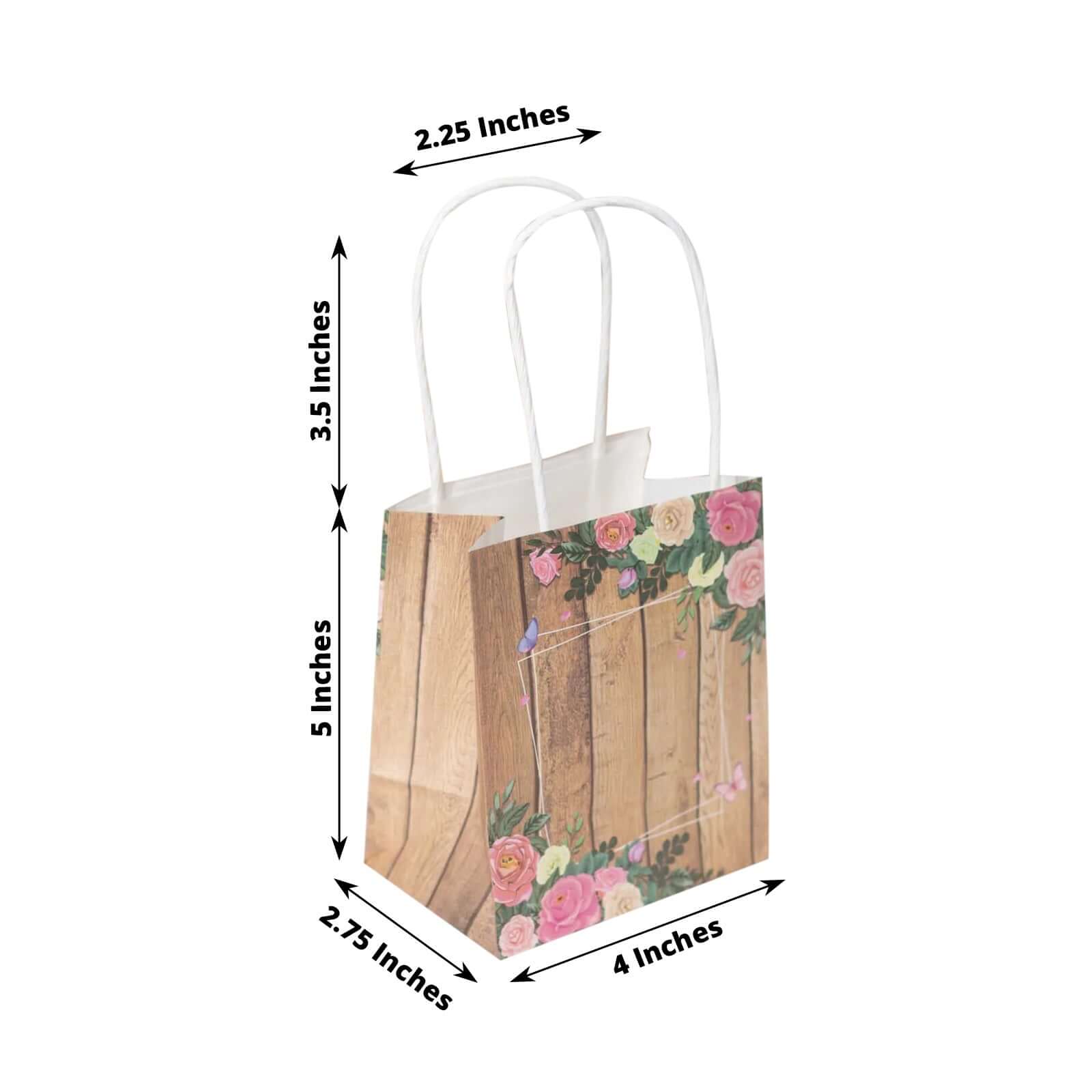 12 Pack Natural Wood Print Paper Party Favor Bags with Rose Floral Accent, Small Gift Goodie Bags With Handles - 4x5