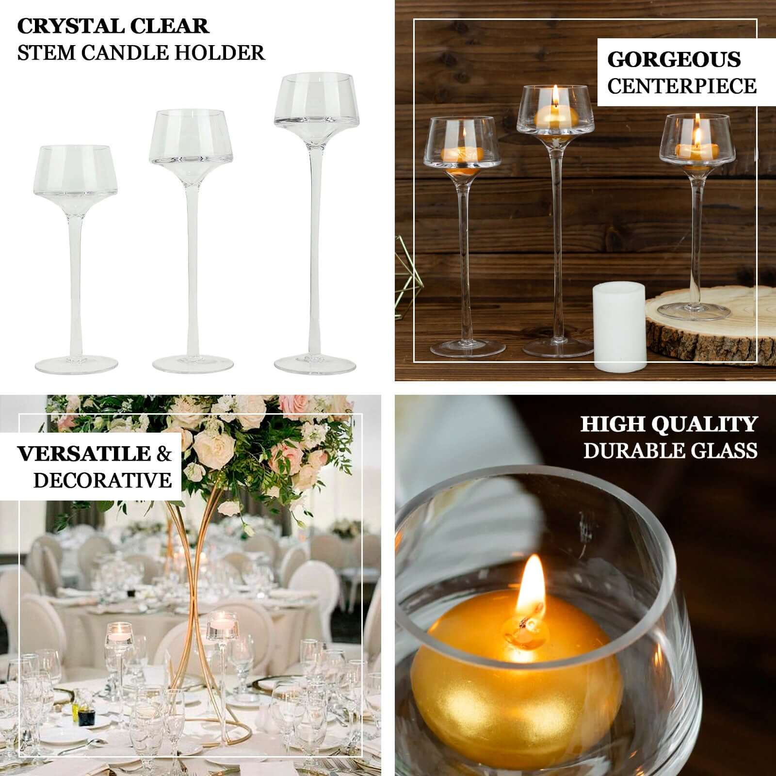 Set of 3 Glass Pedestal Vases Long Stem Clear - Tall Disc Candle Holders for Floral Centerpieces 8, 9, 10