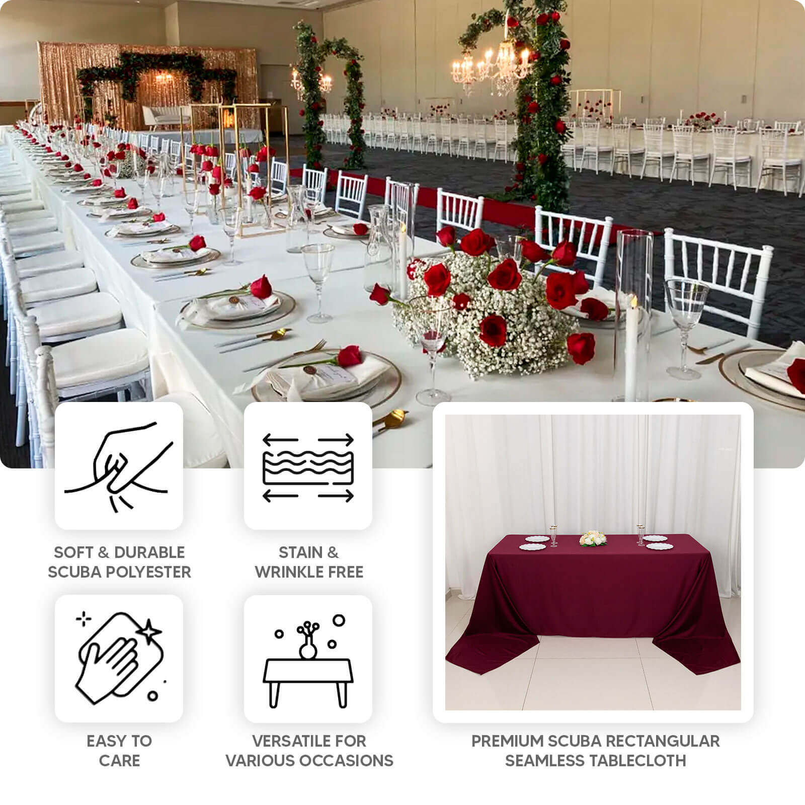 Premium Scuba Rectangular 90x132 Tablecloth White - Wrinkle Free, Stain Resistant & Seamless Table Cover for Weddings and Parties