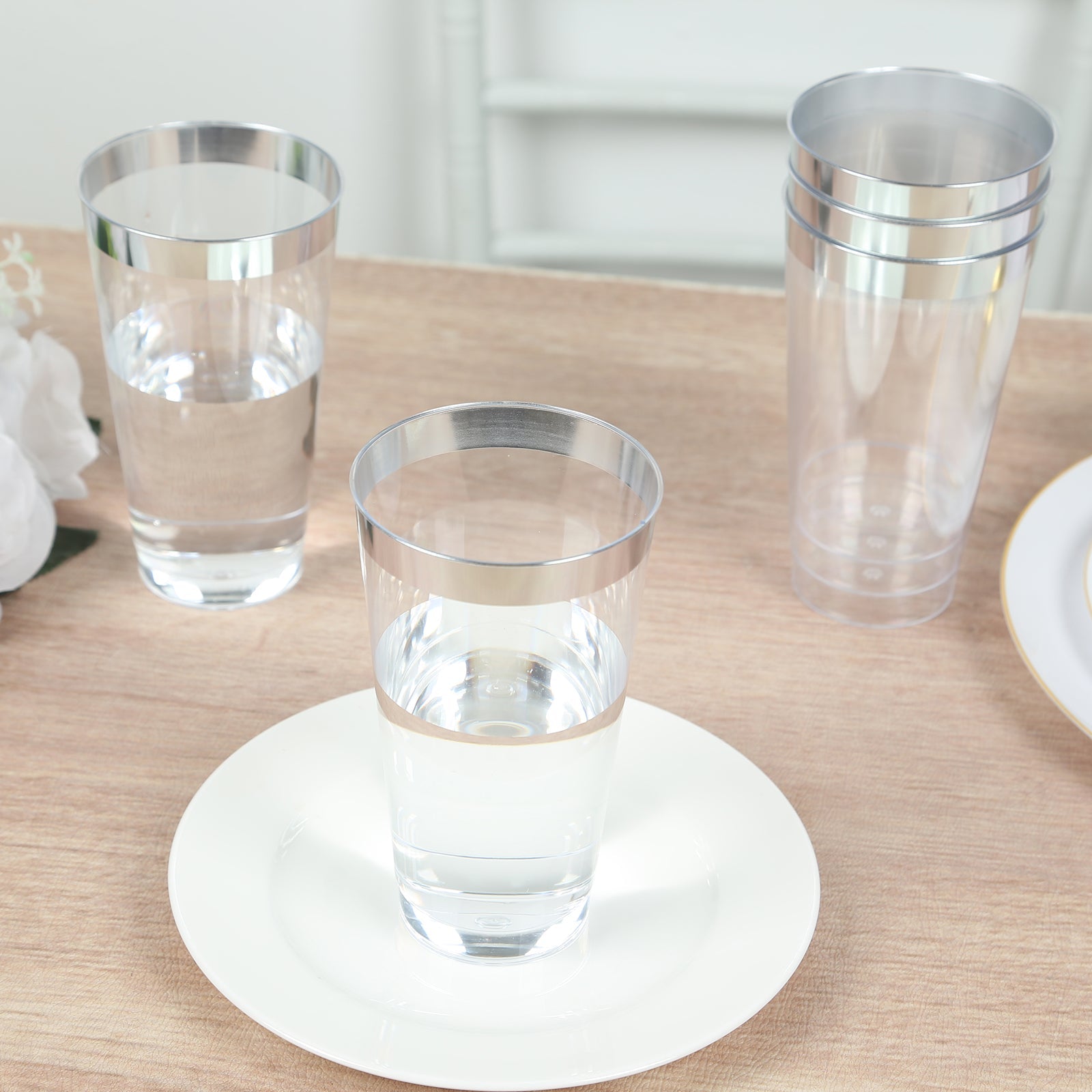 12-Pack Plastic Party Cups Clear with Silver Rim - Durable Disposable Tumblers for Drinks 17oz 5.5