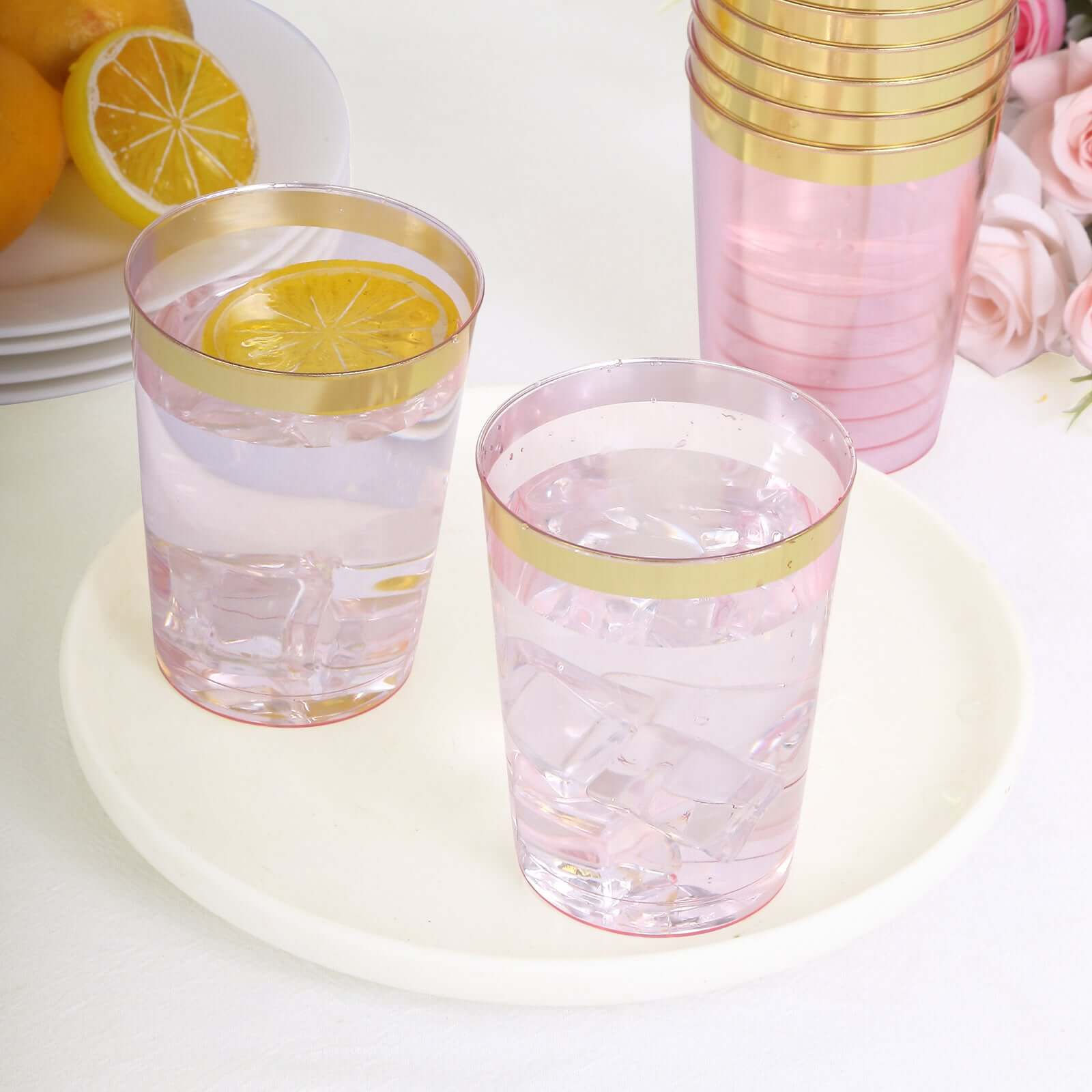 25-Pack Plastic Tumbler Cups Transparent Blush with Gold Rim - Stylish Disposable Party Glasses 10oz