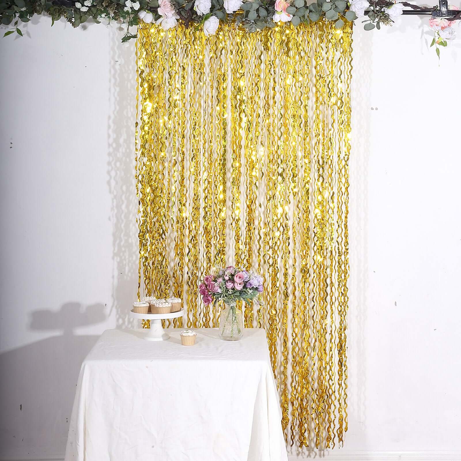 Metallic Gold Wavy Foil Fringe Party Backdrop, Curly Tinsel Streamer Photo Booth Curtain - 3ftx6ft