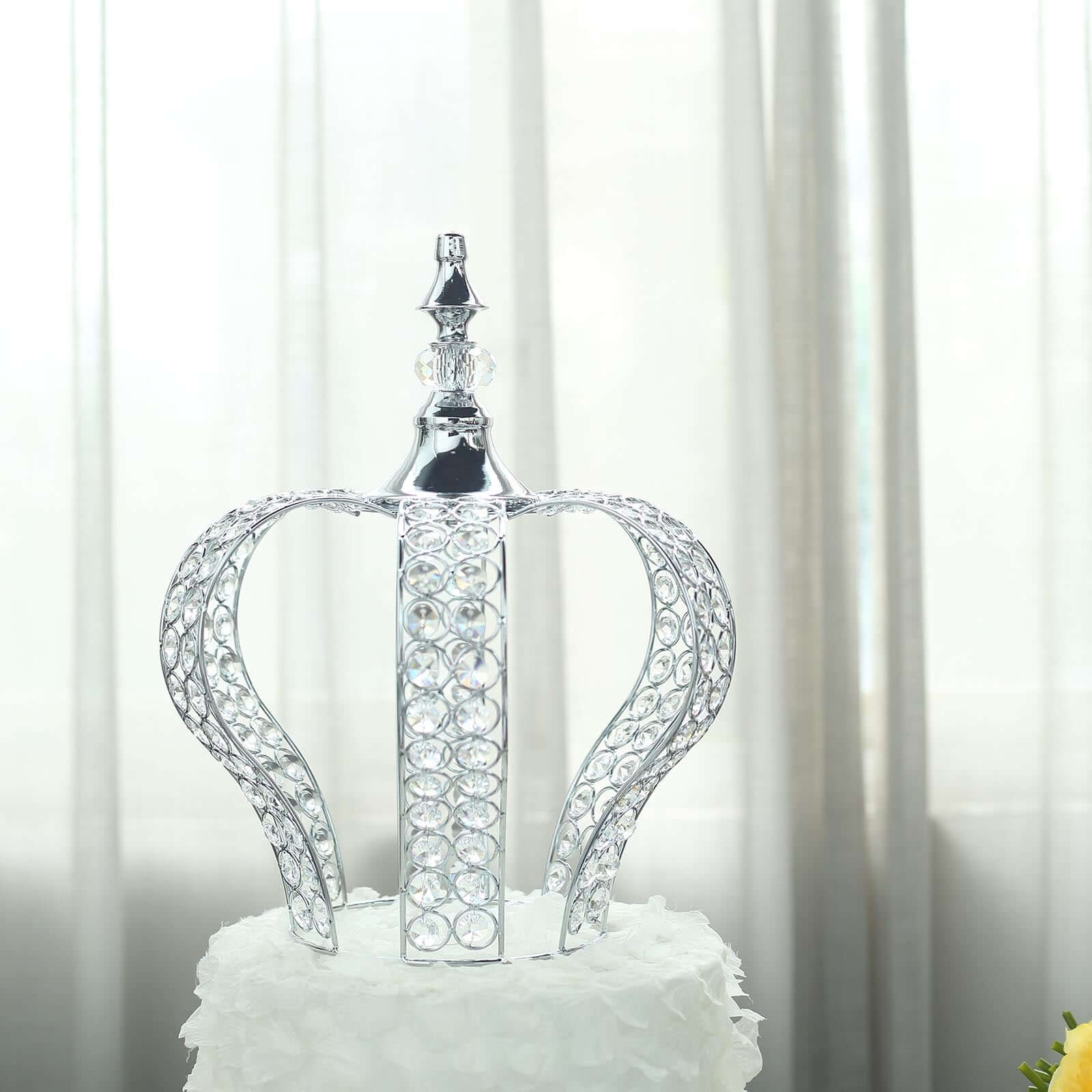 Crystal-Bead Royal Crown Cake Topper Metallic Silver - Dazzling Cake Centerpiece Decor for Luxurious Birthdays Receptions & Romantic Celebrations 14