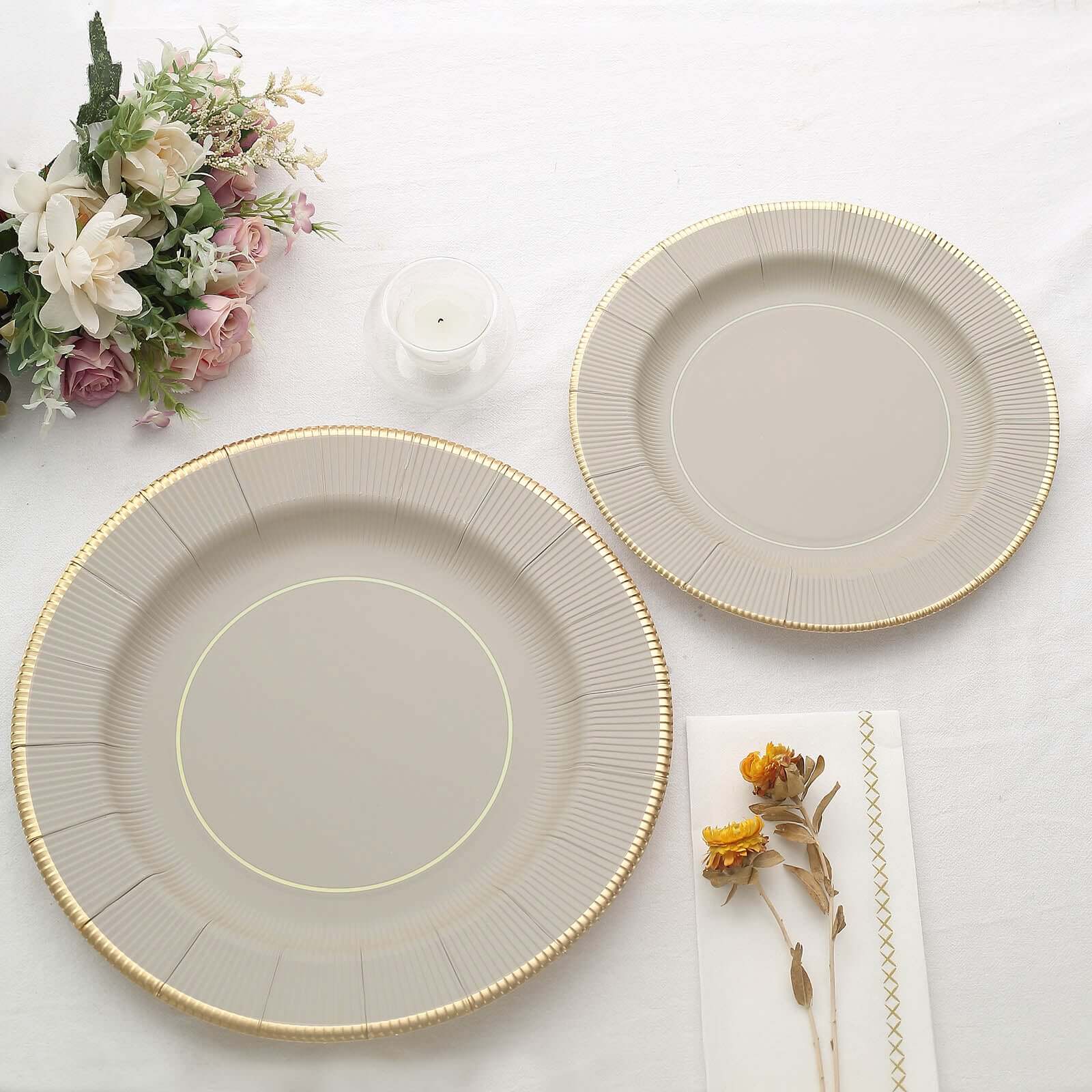 25-Pack Paper 10 Round Dinner Plates in Taupe Sunray Design with Gold Rim - Disposable Heavy Duty 350GSM Party Plates