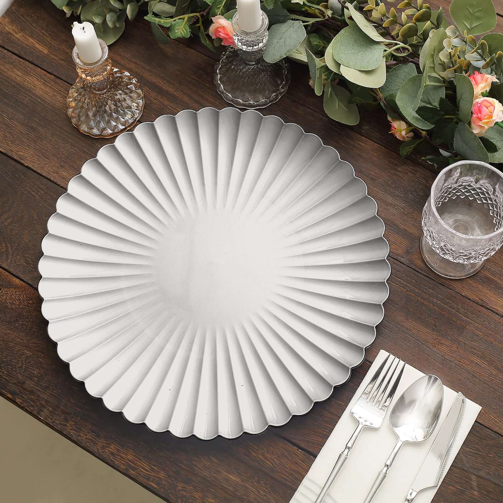 6-Pack Plastic Round Charger Plates 13 in Silver with Scalloped Shell Pattern, Coastal Inspired Disposable Charger Tableware