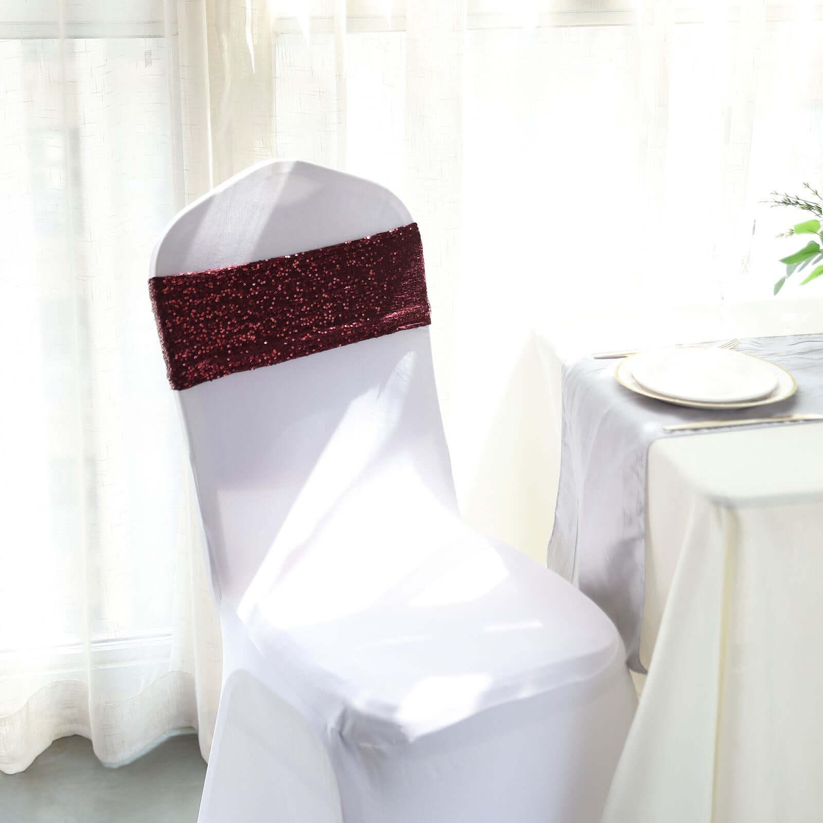 5 Pack Sequin Spandex Chair Sashes Burgundy - Stretch Chair Bands 6x15