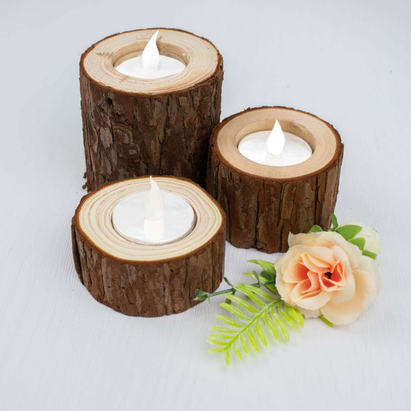 Set of 3 Rustic Wood Slice Votive Candle Holders - Tree Branch Wedding Table Décor 2.75, 1.5, 1.25