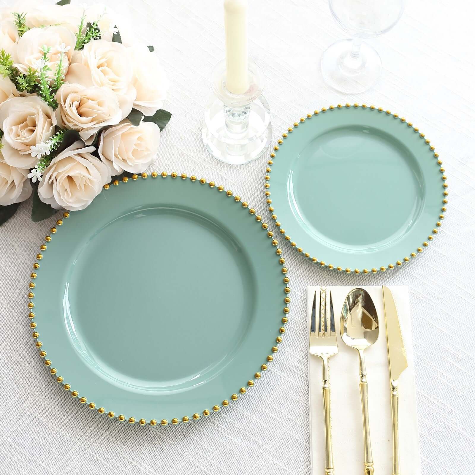 10-Pack Plastic 10 Round Dinner Plates in Dusty Sage Green with Gold Beaded Rim - Disposable Party Plates
