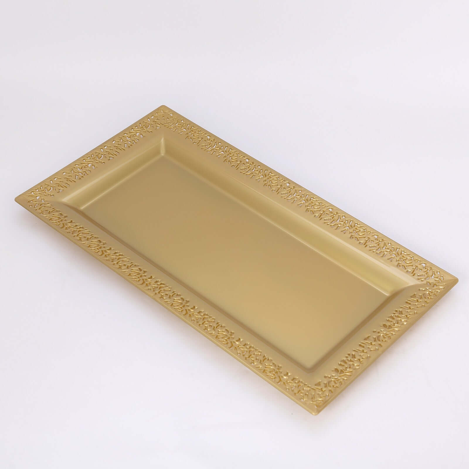 4-Pack Plastic 14 Rectangle Serving Trays Gold with Lace Rim - Chic Decorative Table Tray Platters for Buffets Banquets Dinner Parties