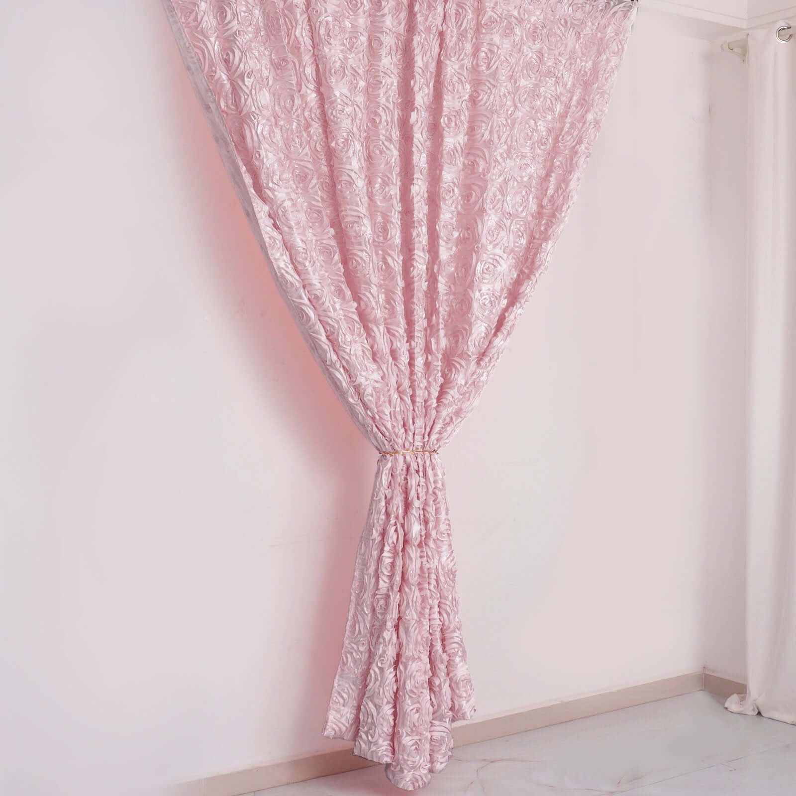 8ftx8ft Blush Satin Rosette Event Curtain Drapes, Backdrop Event Panel