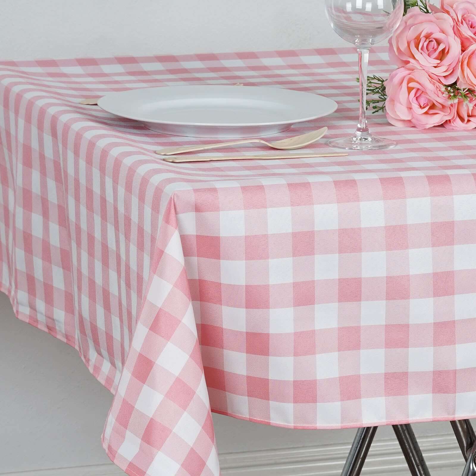 Polyester 54x54 Table Overlay Square Tablecloth White/Rose Quartz - Checkered Buffalo Plaid Design for Casual Table Settings