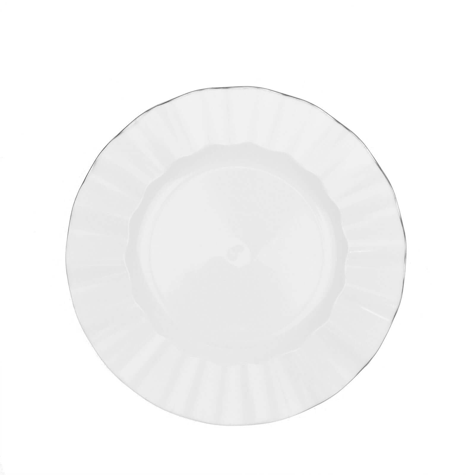 10-Pack Plastic 9 Round Dinner Plates in White Ruffled Rim with Gold Edging - Sturdy Disposable Dinnerware for Classy Events & Banquets