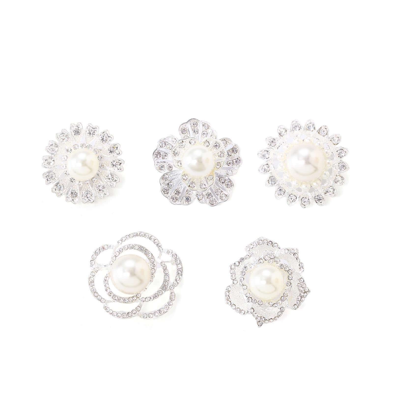 5 Pack Rhinestone Brooches Silver Plated with Pearl Center - Radiant Floral Pins for Wedding Bouquets & Events