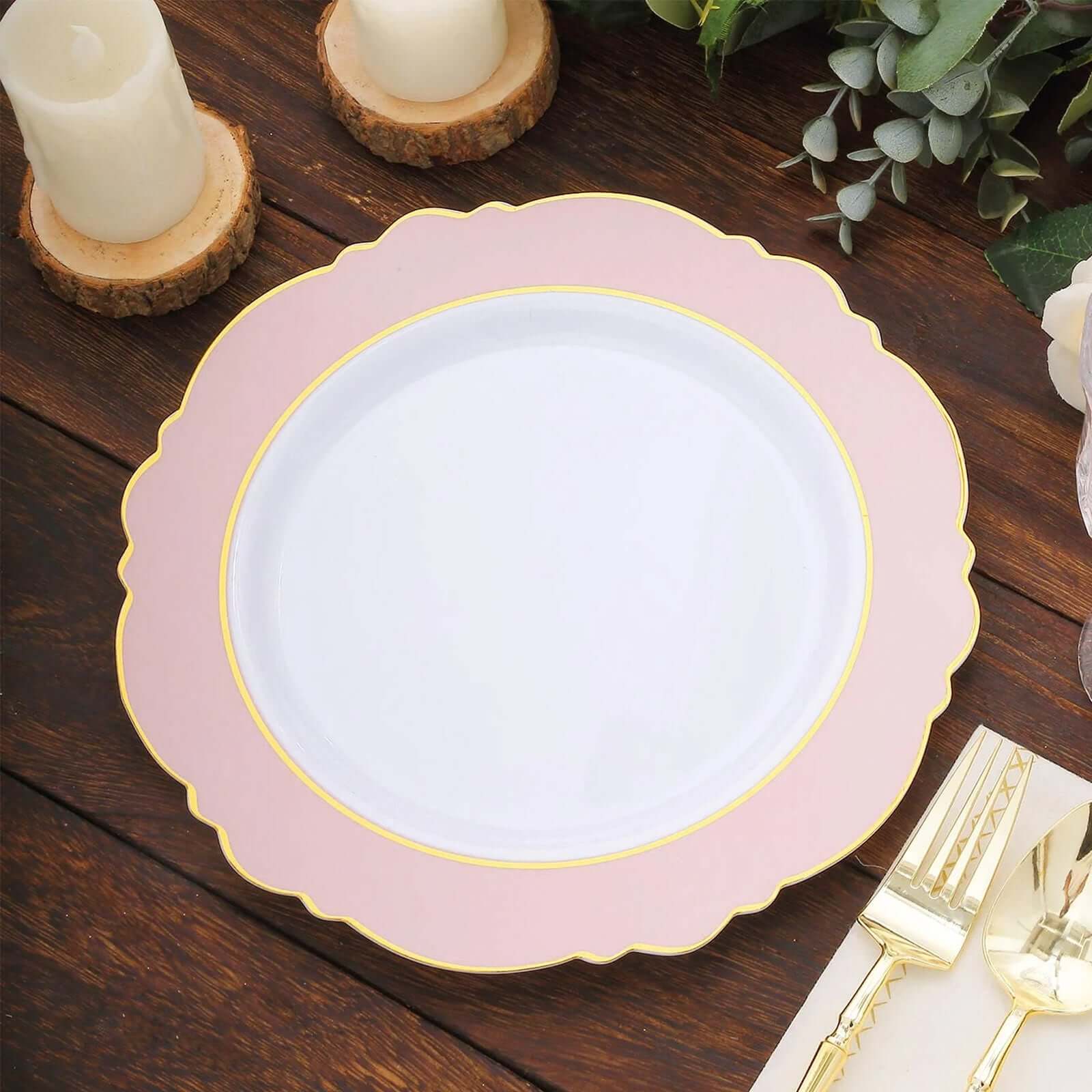 10-Pack Plastic 10 Round Dinner Plates in White with Blush Blossom Design & Gold Edging - Disposable Party Plates