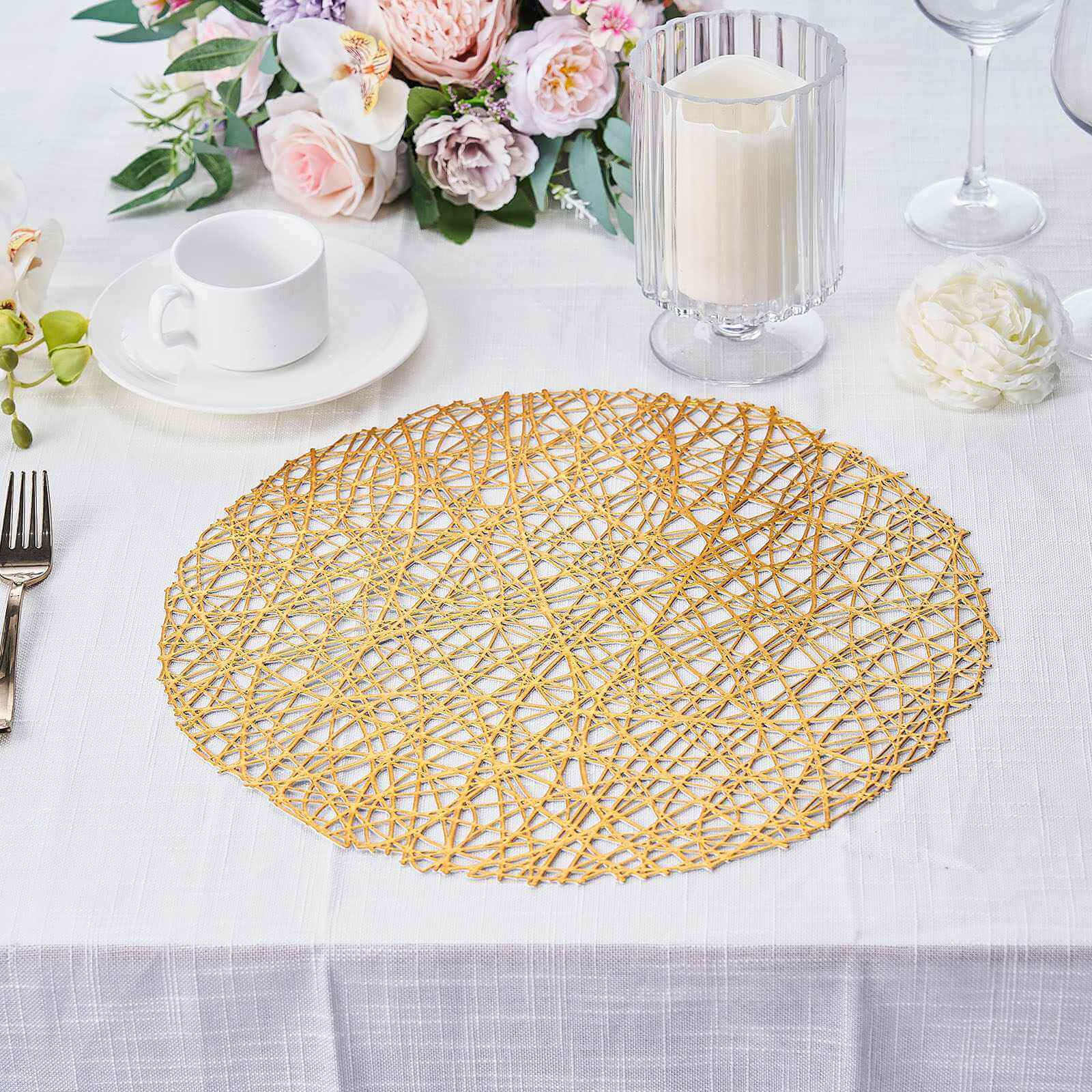 6-Pack Vinyl Placemats Gold Woven Design - Durable Non-Slip Round Table Mats for Dining 15