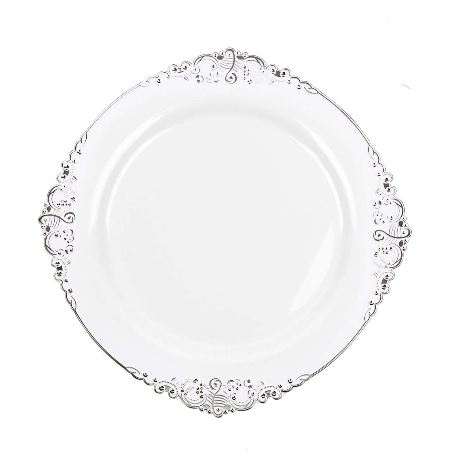 10-Pack Plastic 10 Round Dinner Plates in White with Silver Leaf Embossed Rim - Disposable Vintage Baroque Style Plates