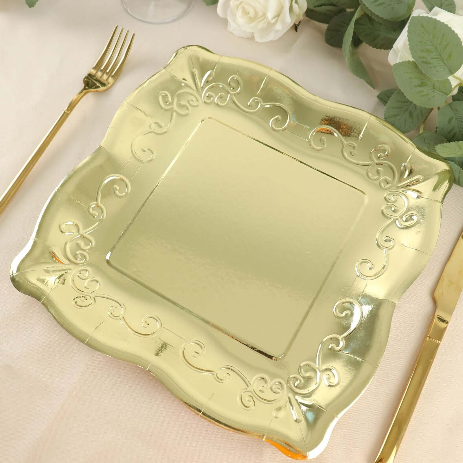 25-Pack Paper 11 Square Dinner Plates in Gold with Vintage Pottery Embossed Design - Shiny Metallic Disposable Serving Plates for Glamorous Dinners & Events