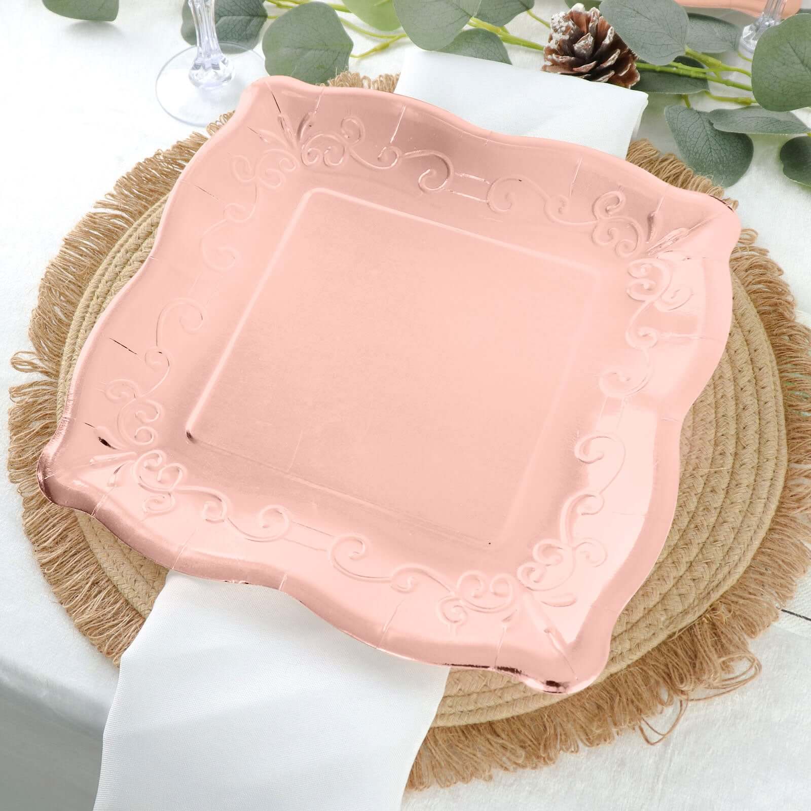 25-Pack Paper 11 Square Dinner Plates in Blush Rose Gold with Vintage Pottery Embossed Design - Shiny Metallic Disposable Serving Plates