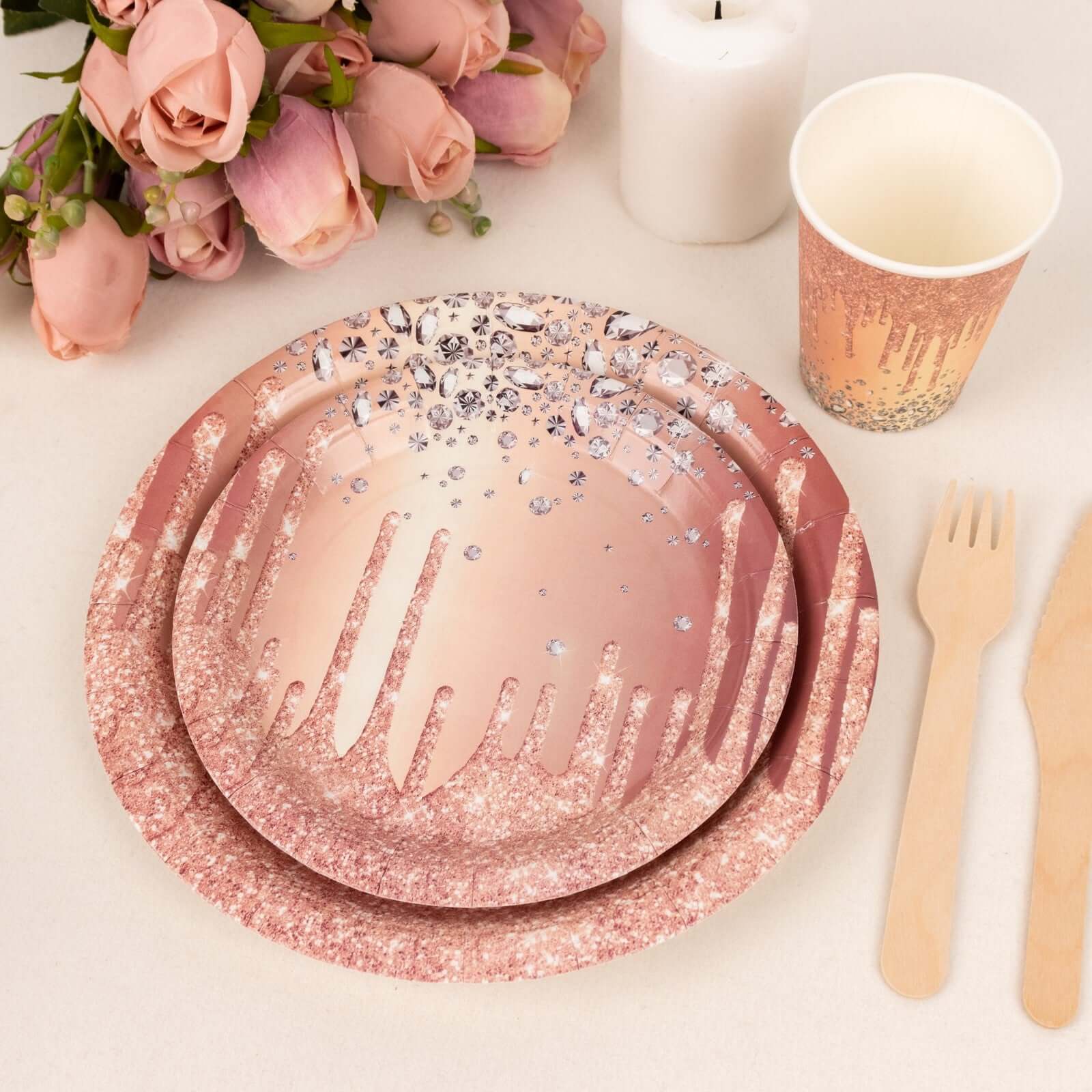 72 Pcs Paper Dinnerware Set with Diamonds Glitter Drip Pattern Rose Gold - Disposable Tableware Combo-Pack with Plates and Cups