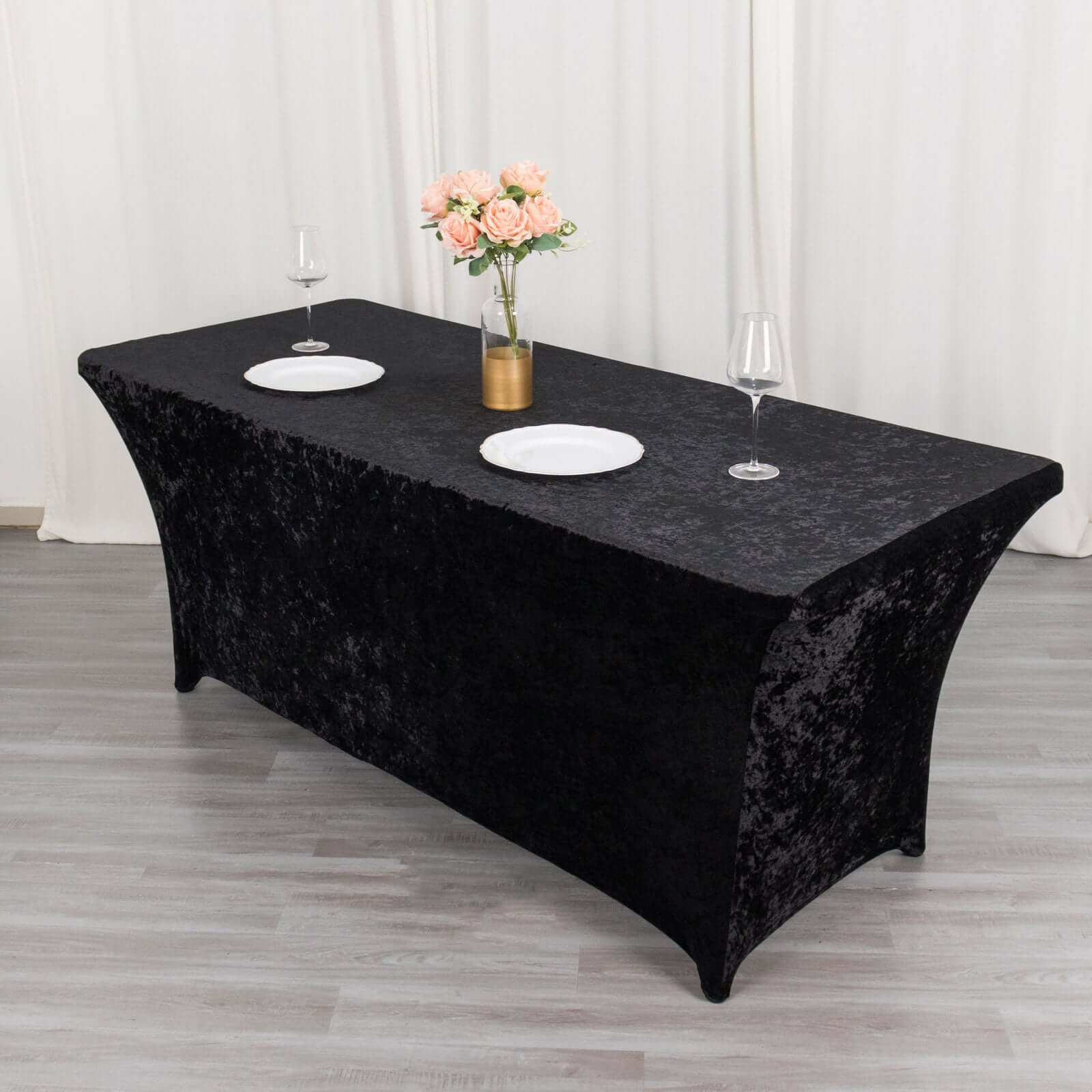 Crushed Velvet Fitted Rectangular 6ft Table Cover Black - Wrinkle-Free Stretchy Tablecloth