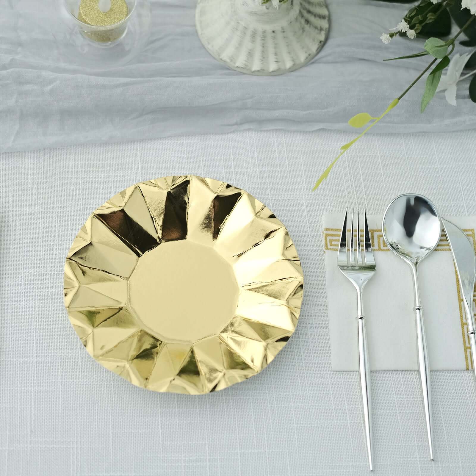 25-Pack Paper 7 Round Dessert Plates in Metallic Gold with Geometric Prism Rim - Disposable 400GSM Appetizer Salad Plates for Dinner Parties & Banquets