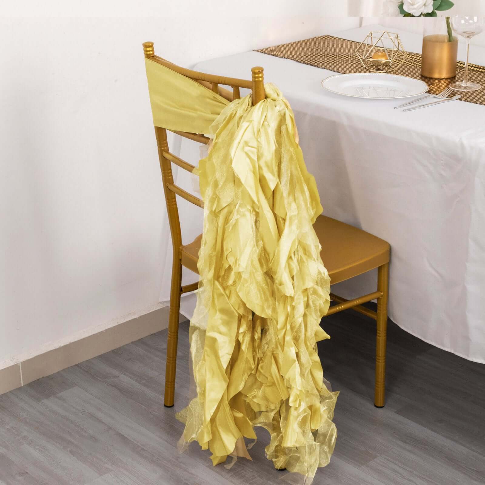 5 Pack Chiffon Satin Chair Sashes Champagne - Easy to Install Ruffled Curly Willow