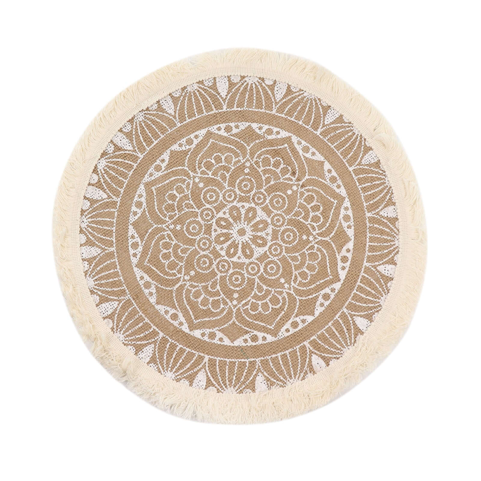 4-Pack Placemats Mandala Print Fringe Design Natural Jute and White Round - Rustic Burlap Tassel Style 15