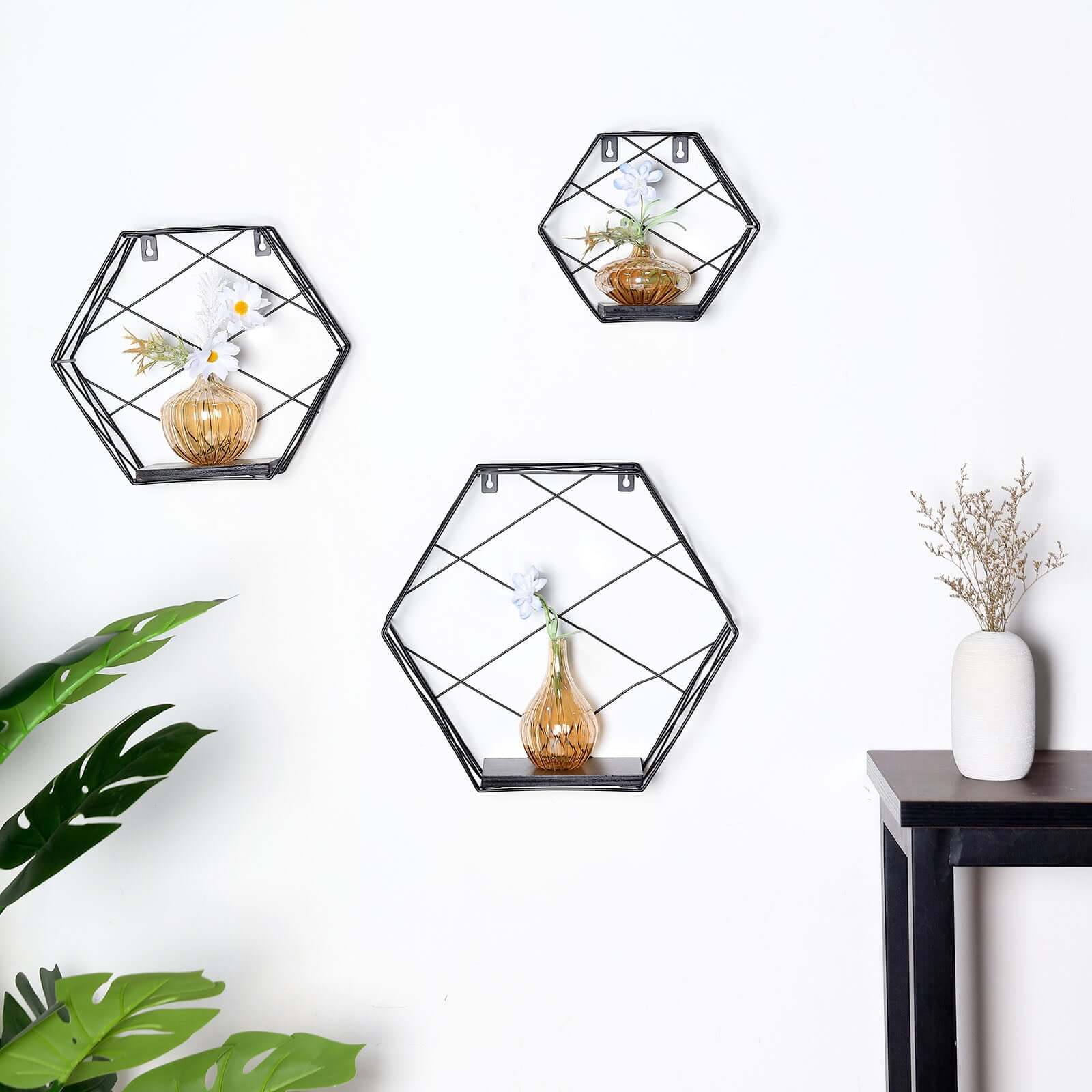 3 Pack Black Hexagonal Floating Wall Shelves, Decorative Geometric Wall Mounted Shelves - 9,12,14