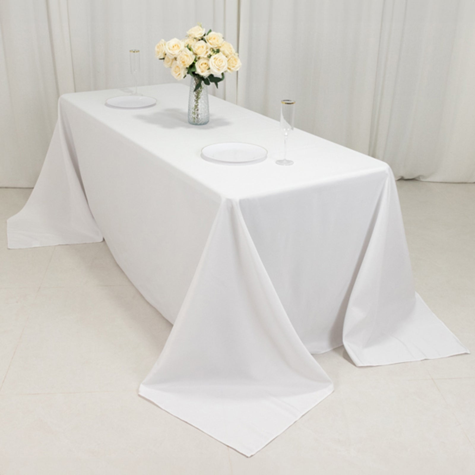 Fire Retardant Premium Polyester 90x132 Rectangular Tablecloth White - Stylish High-Performance Seamless Table Cover for Large Gatherings