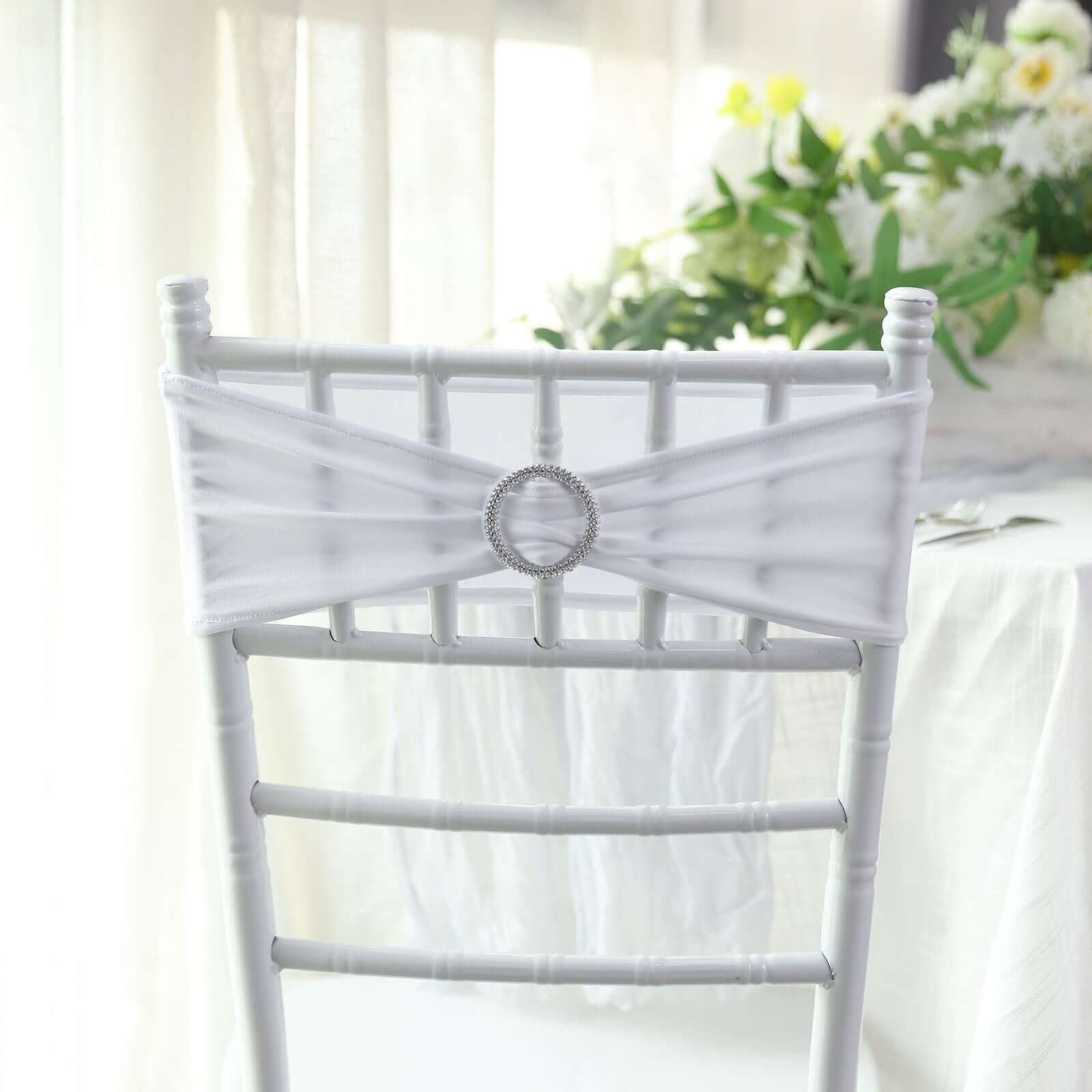 5 Pack Stretch Spandex Chair Sashes White - Classy Reusable Chair Bands with Silver Diamond Ring Slide Buckle 5x14