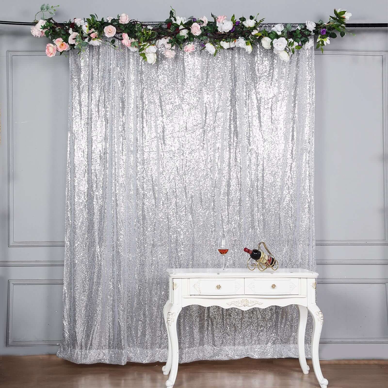 8ftx8ft Silver Sequin Event Curtain Drapes, Backdrop Event Panel