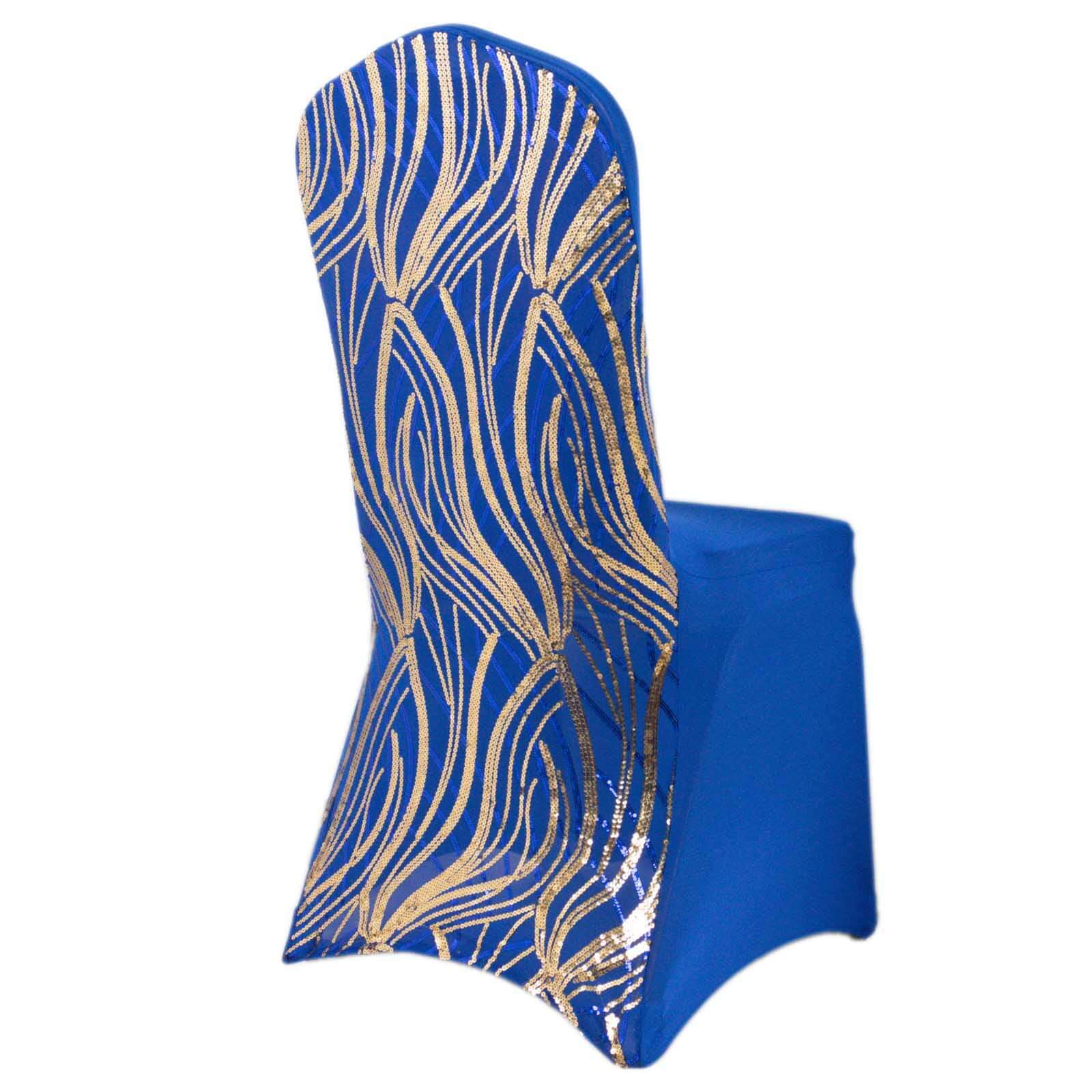 Spandex Chair Cover with Wave Embroidered Sequins for Banquet Chairs Royal Blue/Gold - Glittering Stretch Fitted Slipcover