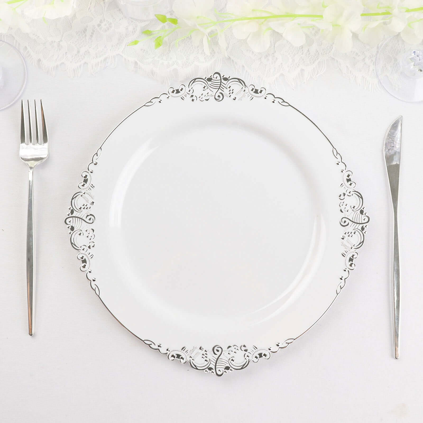 10-Pack Plastic 10 Round Dinner Plates in White with Silver Leaf Embossed Rim - Disposable Vintage Baroque Style Plates