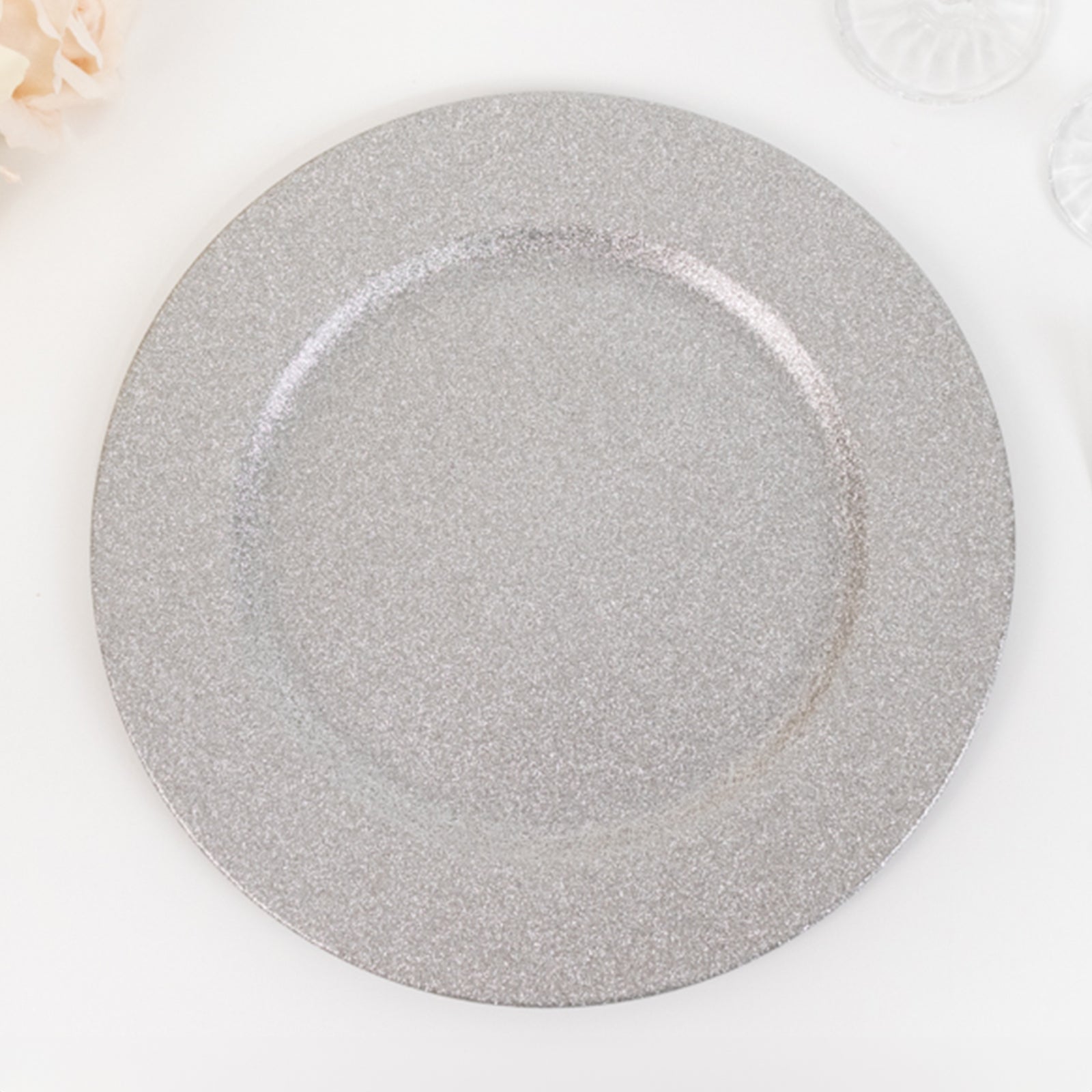 6-Pack Acrylic Plastic Round Charger Plates 13 in Silver with Dust Free Glitter Finish, Decorative Dinner Party Charger Tableware