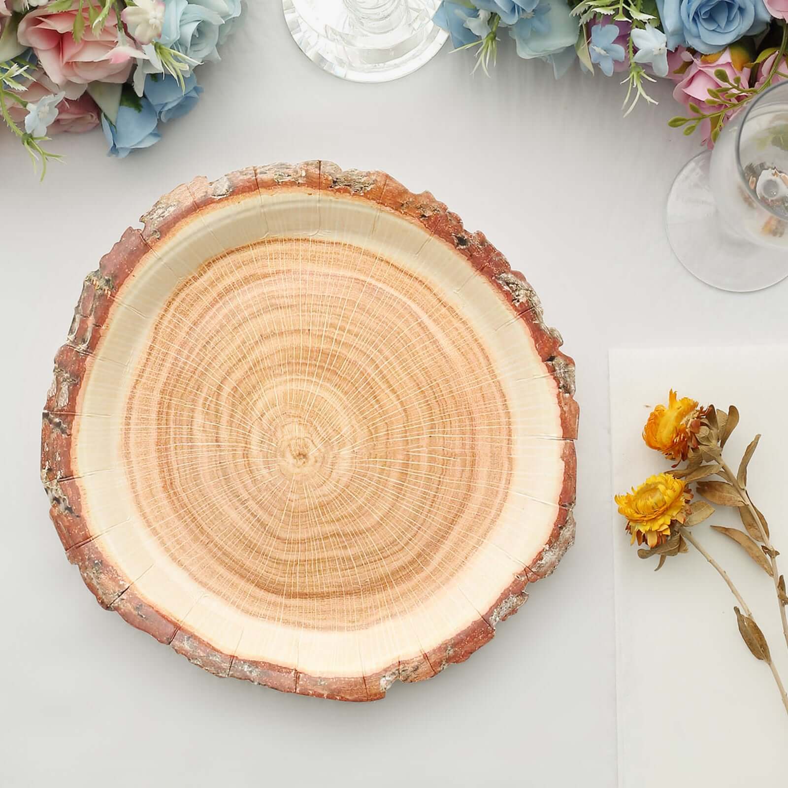 25-Pack Paper 10 Round Dinner Plates in Natural Wood Slice Print - Rustic & Nature-Inspired Disposable Party Plates