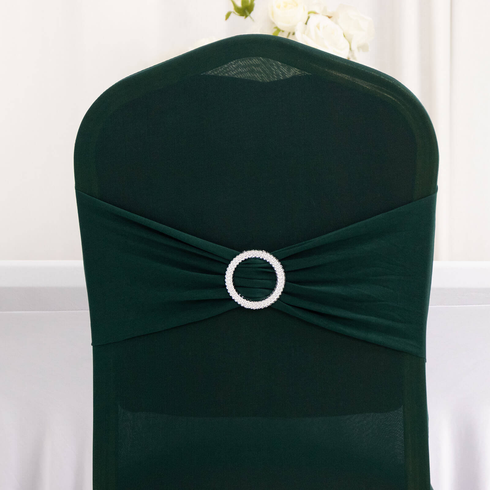 Spandex Chair Cover with Hunter Emerald Green Rhinestone Buckled Sash Band Blush - Stretch Fitted Slipcover