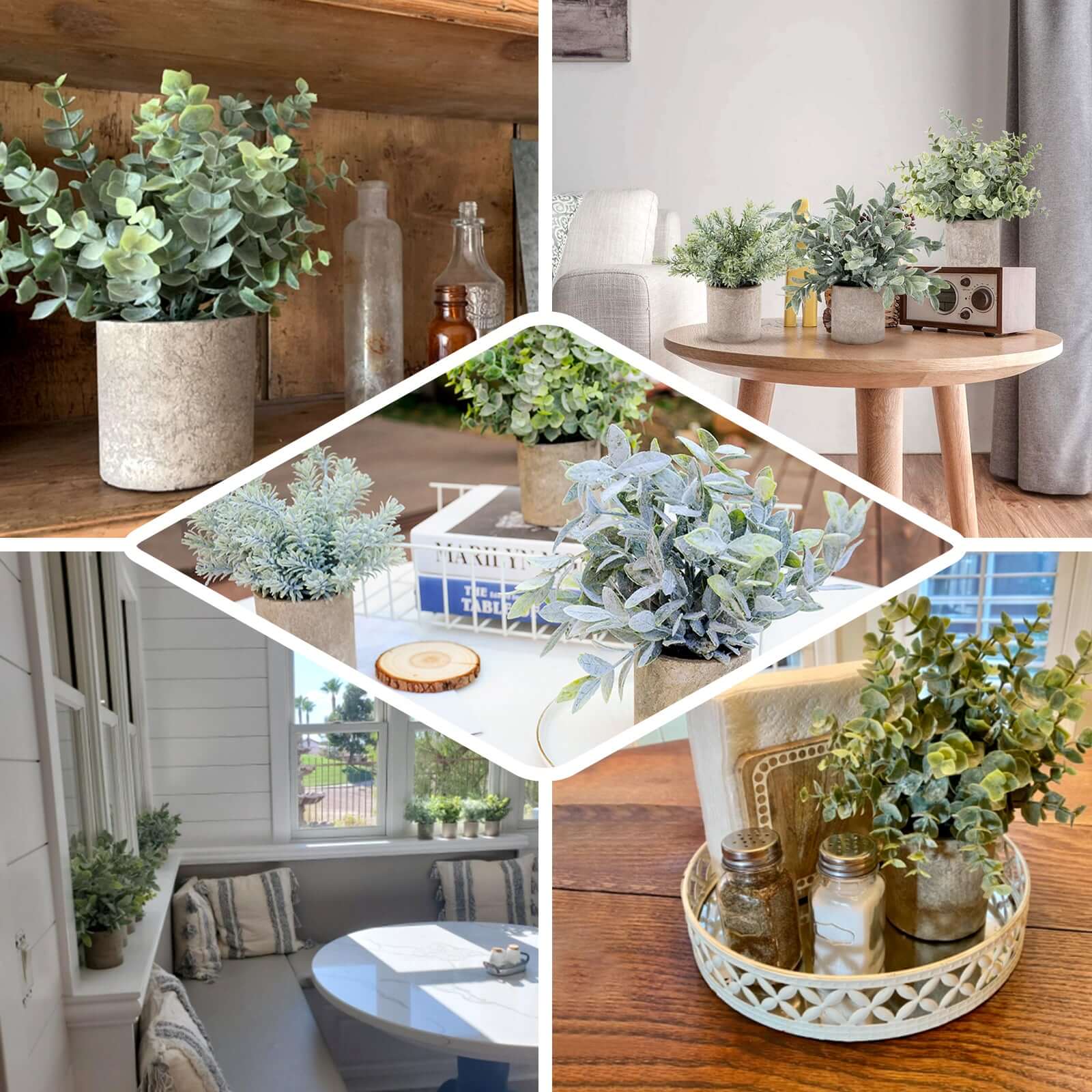 3 Plant Set Mini Potted Artificial Eucalyptus, Rosemary and Boxwood Faux Planter Collection - Small Decorative Faux Herb Garden for Desk Countertops Table Shelf Display 9