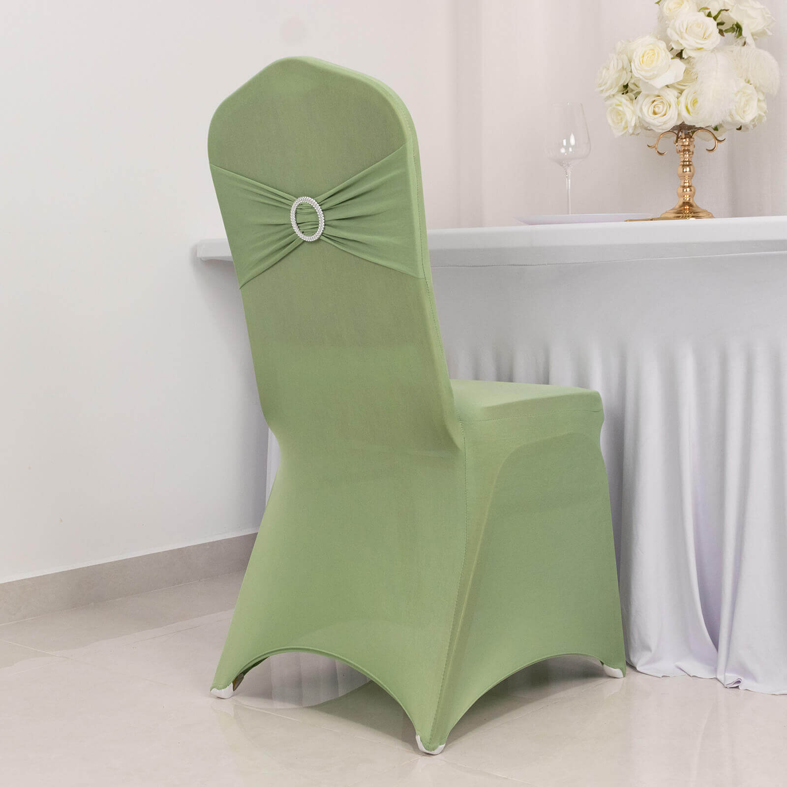 Spandex Chair Cover with Sage Green Rhinestone Buckled Sash Band Blush - Stretch Fitted Slipcover