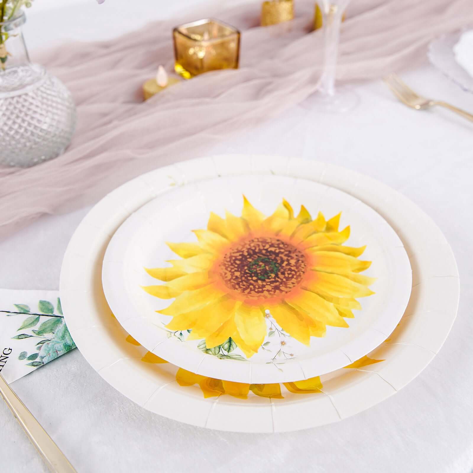 25-Pack Paper 7 Round Dessert Plates White with Sunflower Design - Disposable Salad Plates for Rustic Events & Garden Themes