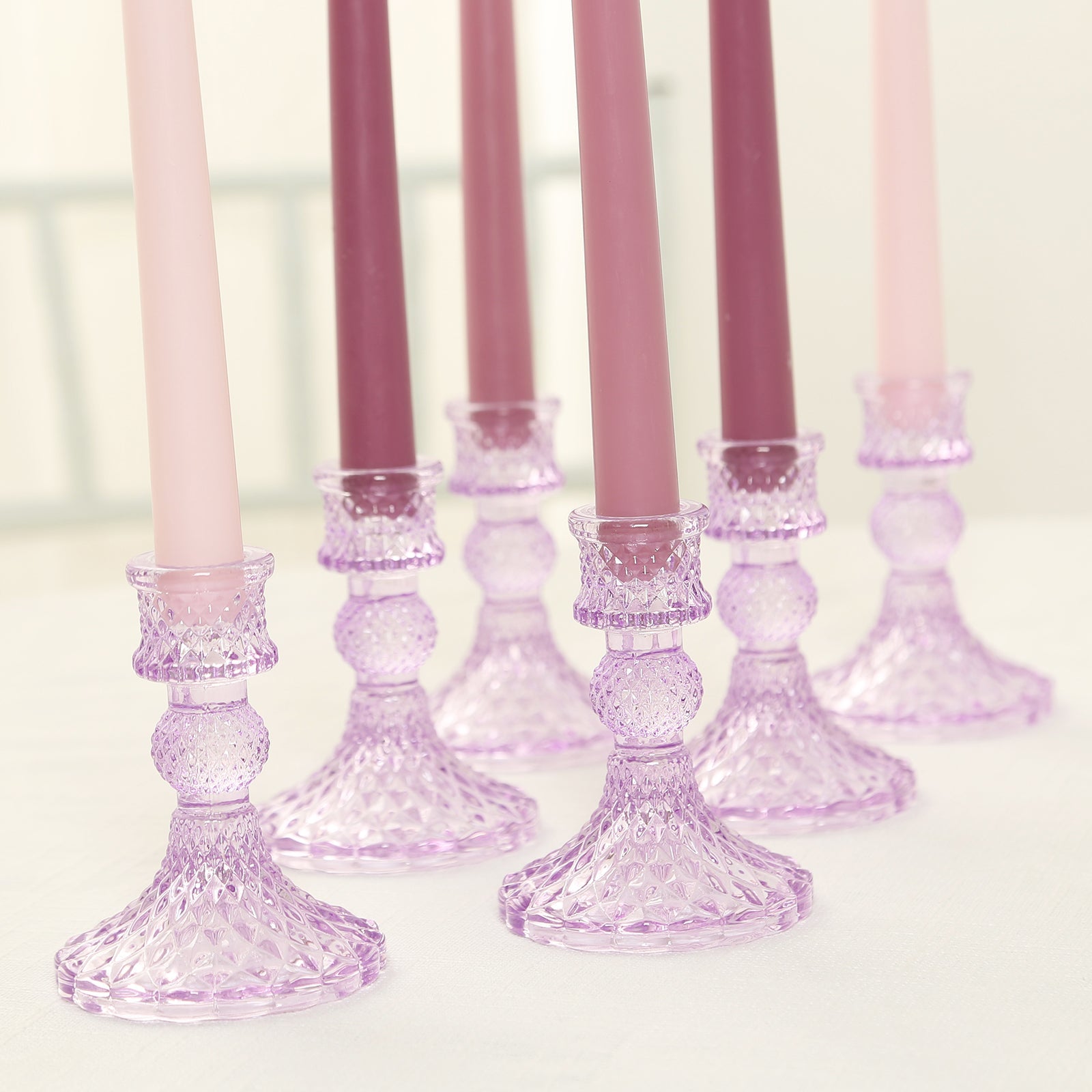 6-Pack Glass Taper Candlestick Holders Diamond Pattern Design Lavender Lilac - Reversible Crystal Pillar Votive Stands 4