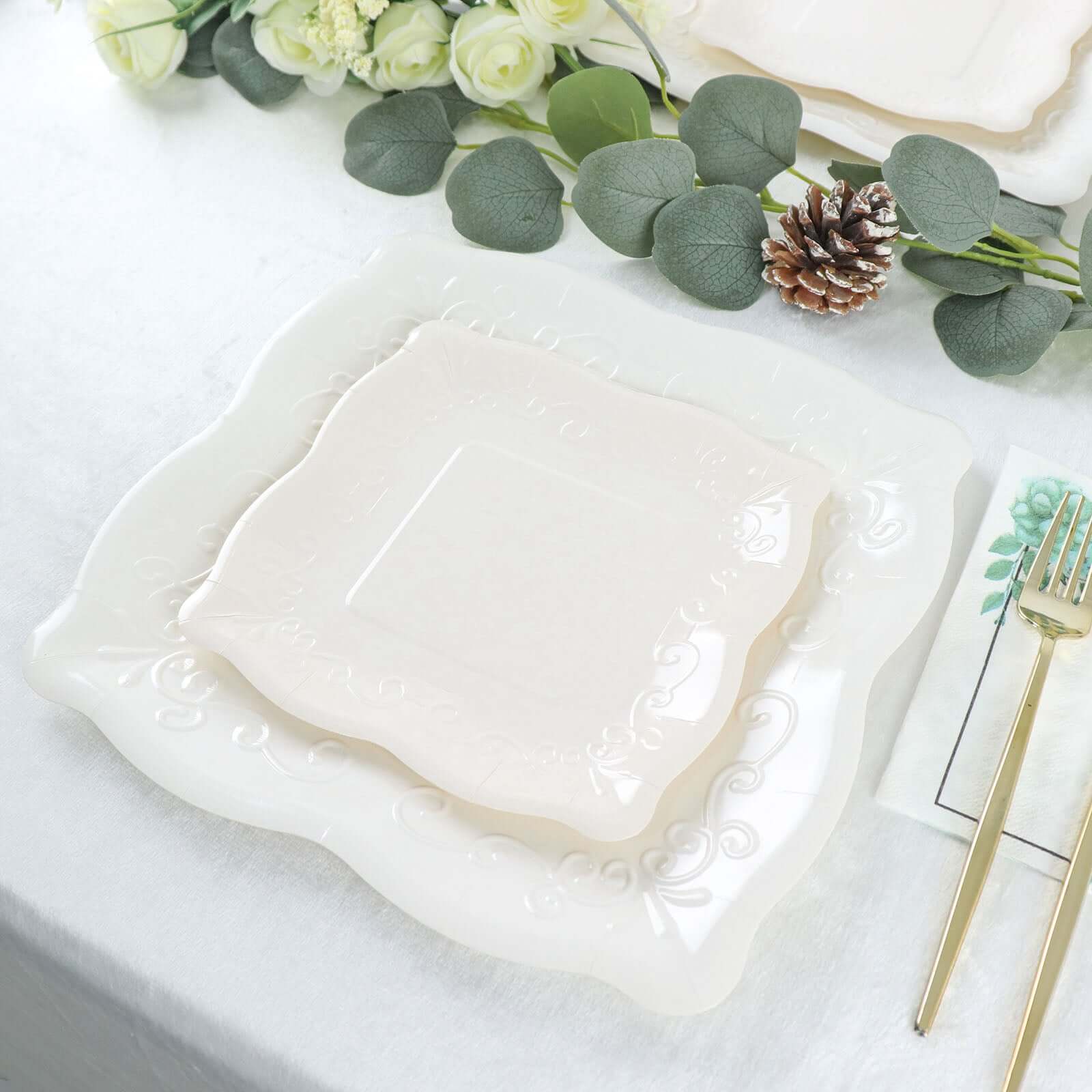 25-Pack Paper 11 Square Dinner Plates in White with Vintage Pottery Embossed Design - Shiny Disposable Serving Plates