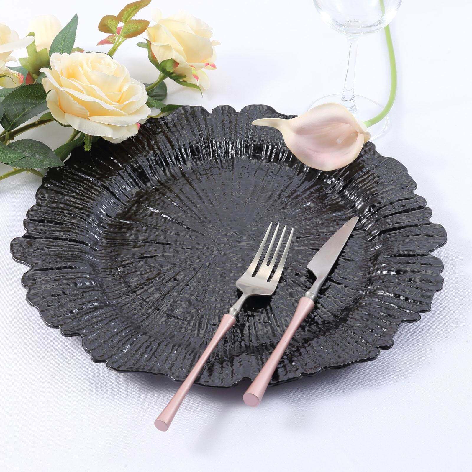6-Pack Acrylic Plastic Round Charger Plates 13 in Black with Reef Design, Dinner Charger Tableware
