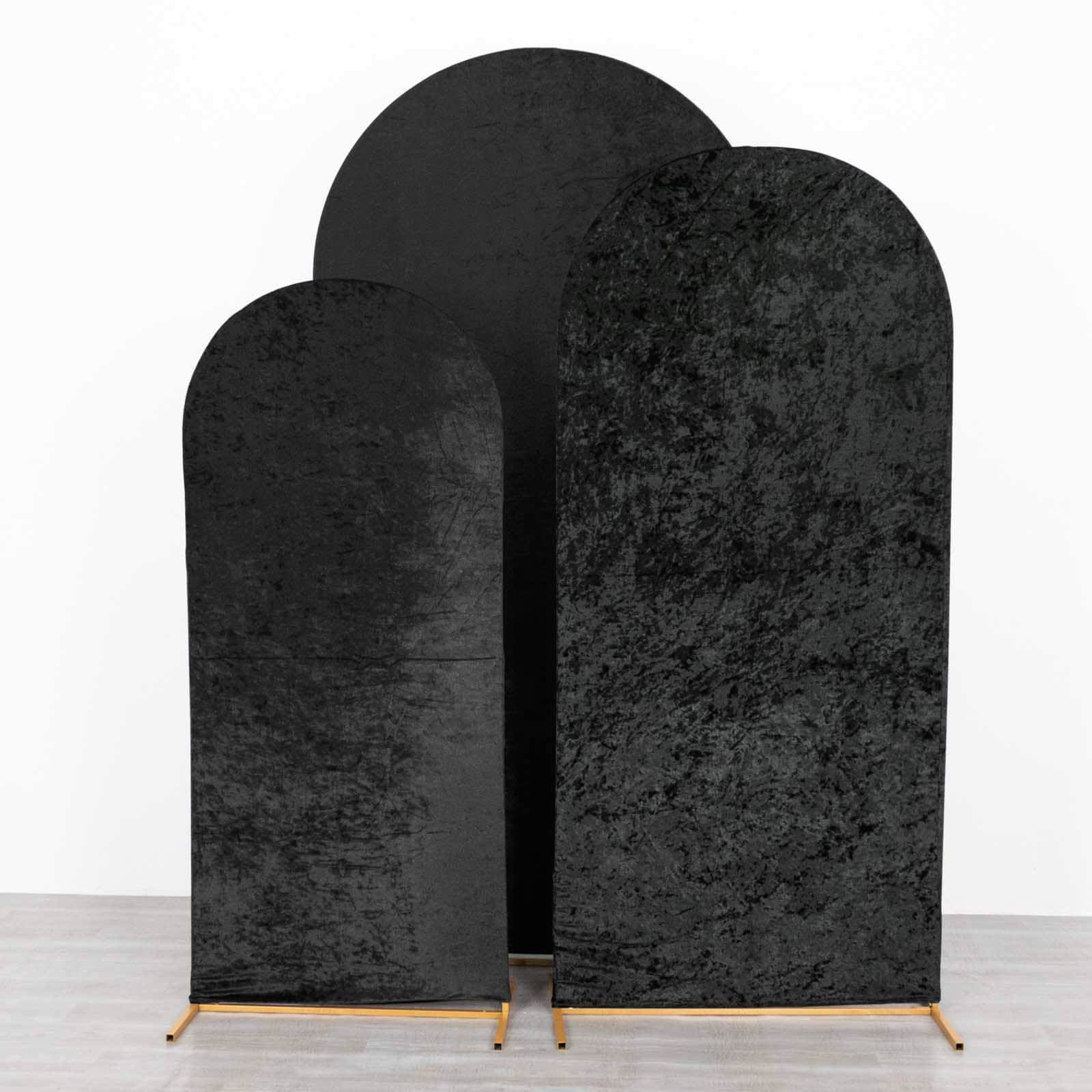 Set of 3 Black Crushed Velvet Chiara Backdrop Stand Covers For Round Top Wedding Arches - 5ft, 6ft, 7ft