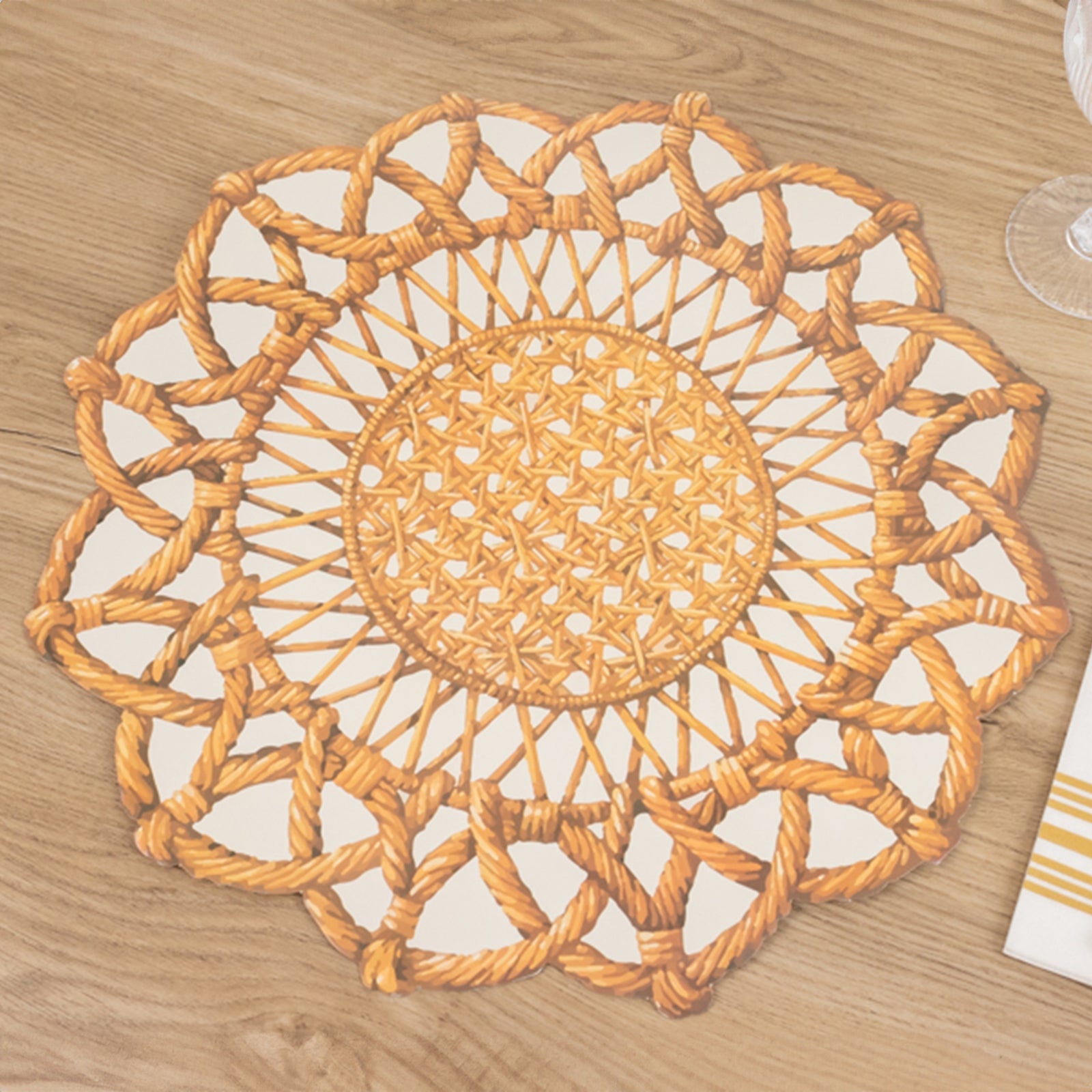 10-Pack Disposable Table Placemats in Brown with Die-Cut Rattan Weave Print - Large Rustic Farmhouse Scalloped Rim Floral Paper Placemats 16