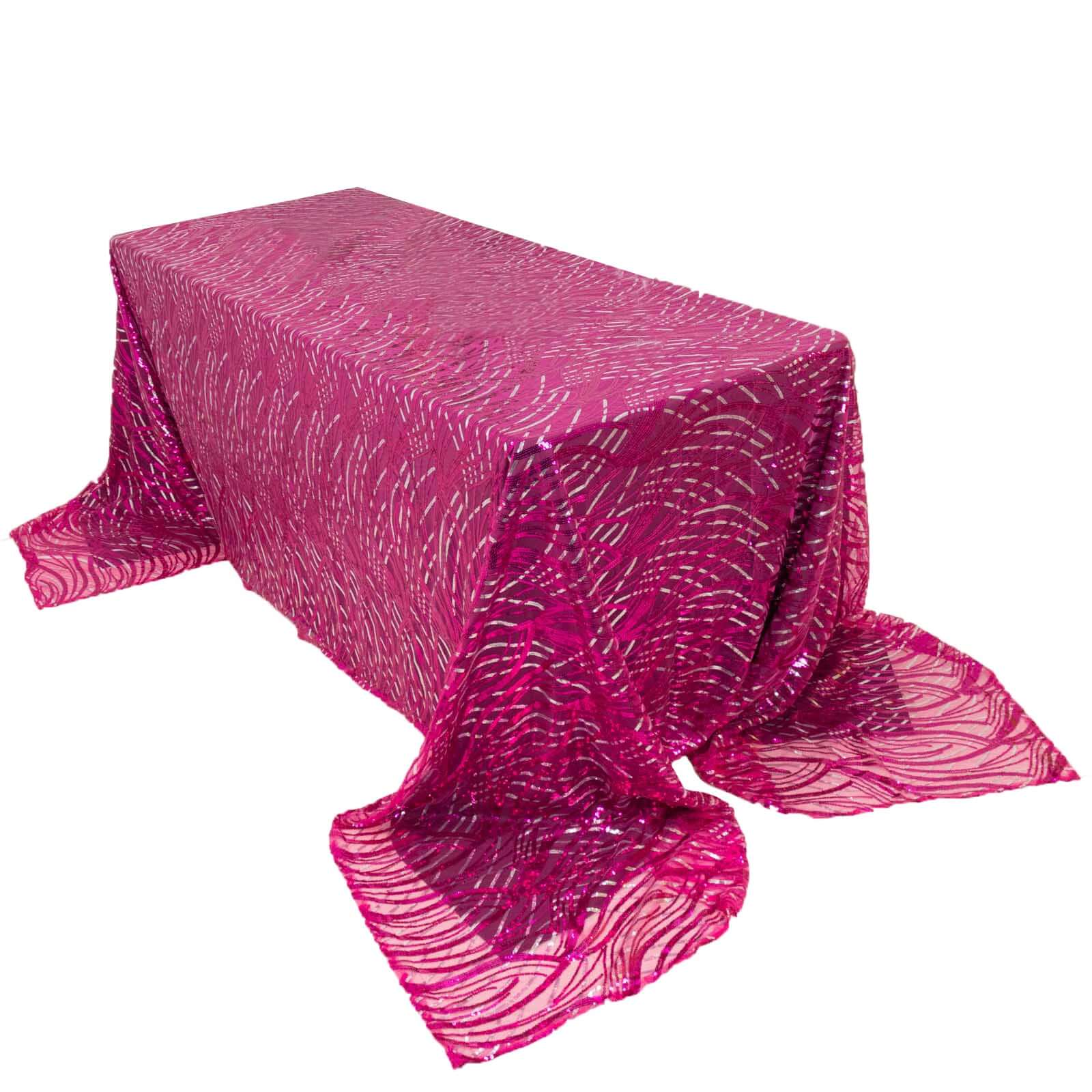 Mesh 90x156 Rectangle Tablecloth Fuchsia/Silver - Wave Sequin Embroidered Table Cover