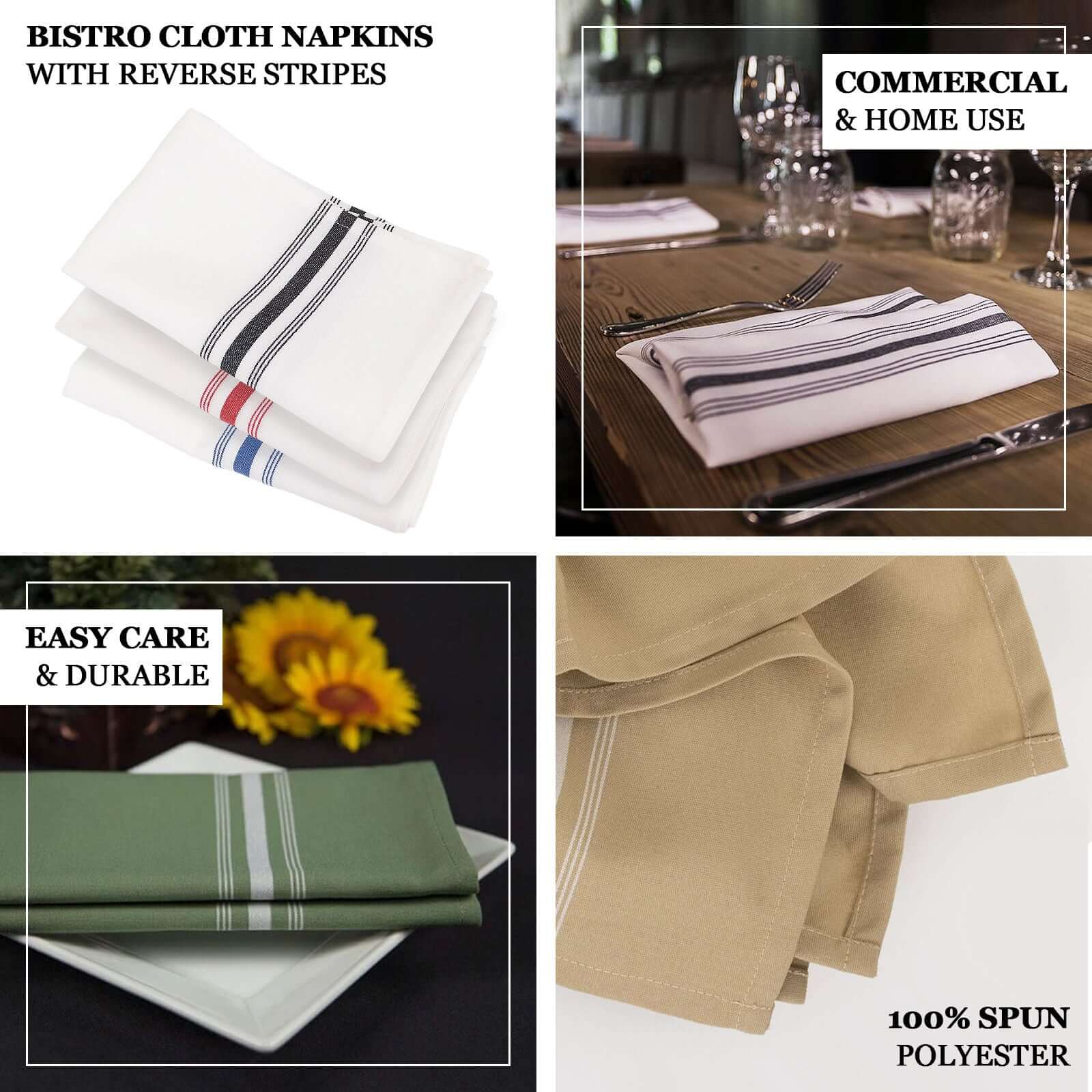 10 Pack Premium Spun Polyester 18x22 Napkins White/Black Bistro Style - Highly Absorbent Cotton-Like Feel Cloth Napkins for Everyday Dining or Celebrations