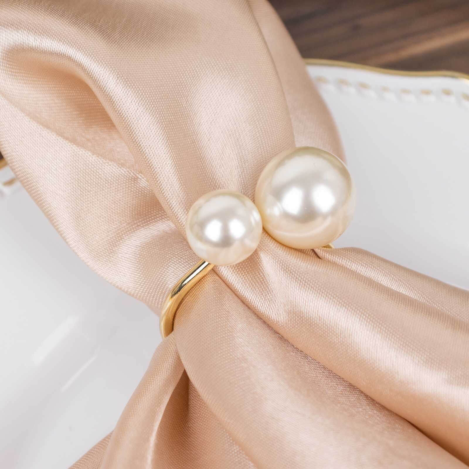 10 Pack White Pearl Gold Metal Napkin Holders Dining Table Decor, Elegant Round Wedding Napkin Rings - 2.5